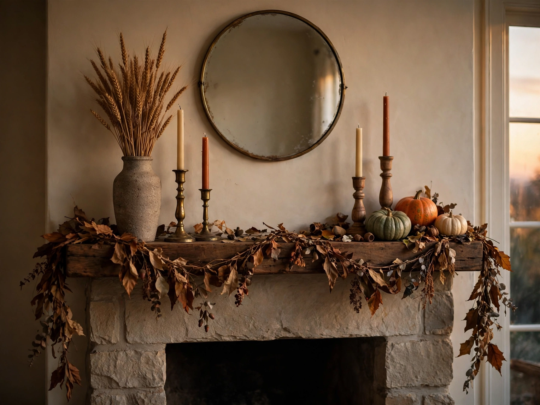 thanksgiving mantel decorations leaf garland and taper candles