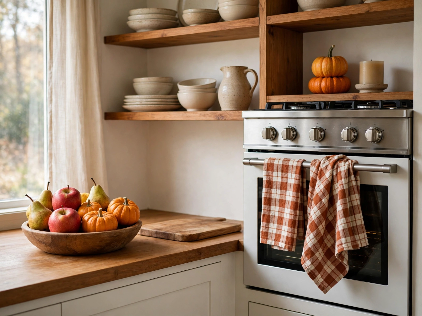 thanksgiving kitchen decorations fruit bowl and open shelves