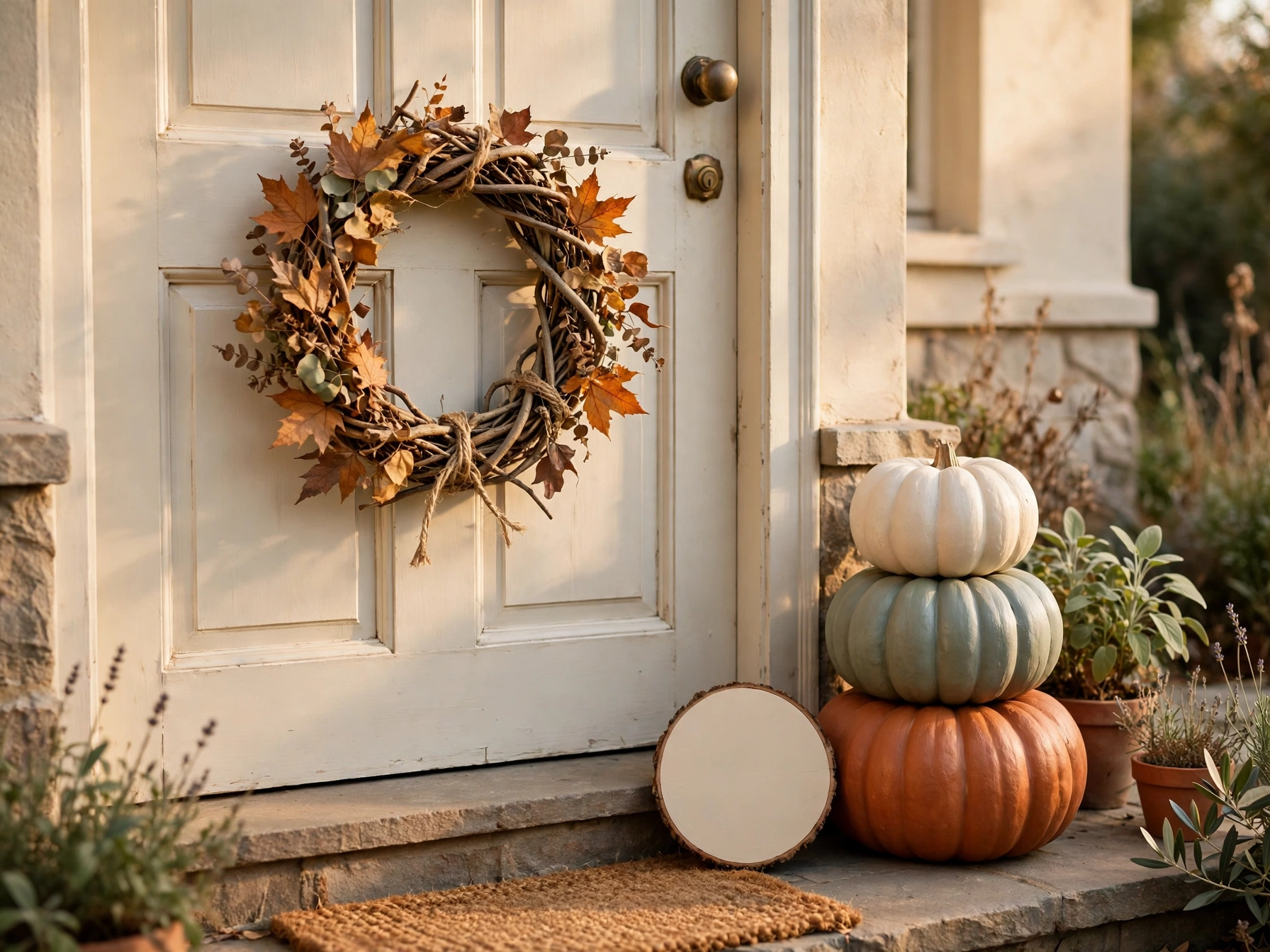 budget friendly thanksgiving home decor diy branch wreath and pumpkins