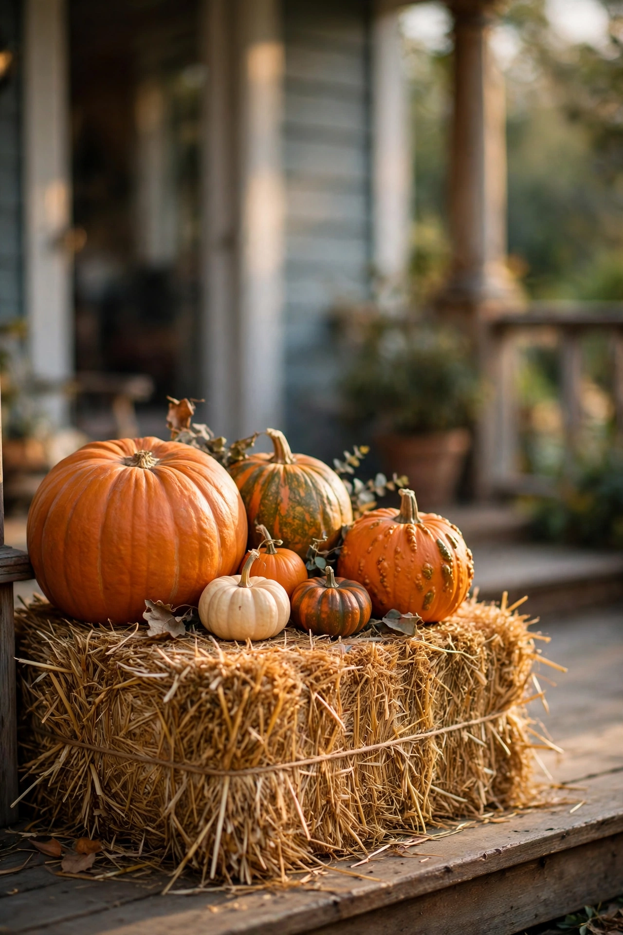 pumpkins on a hay bale porch decor