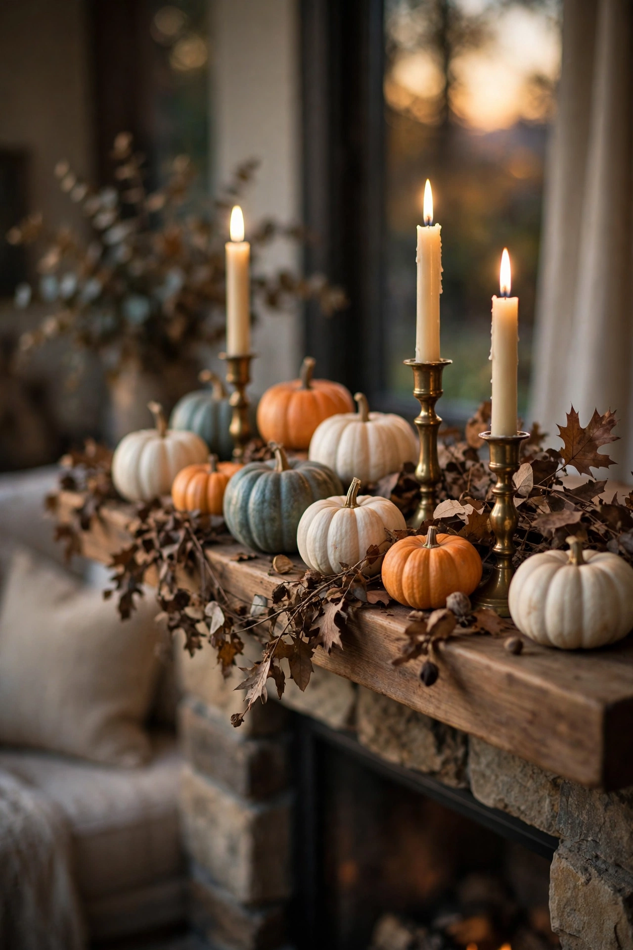 mini pumpkins on an entry bench with plaid throw