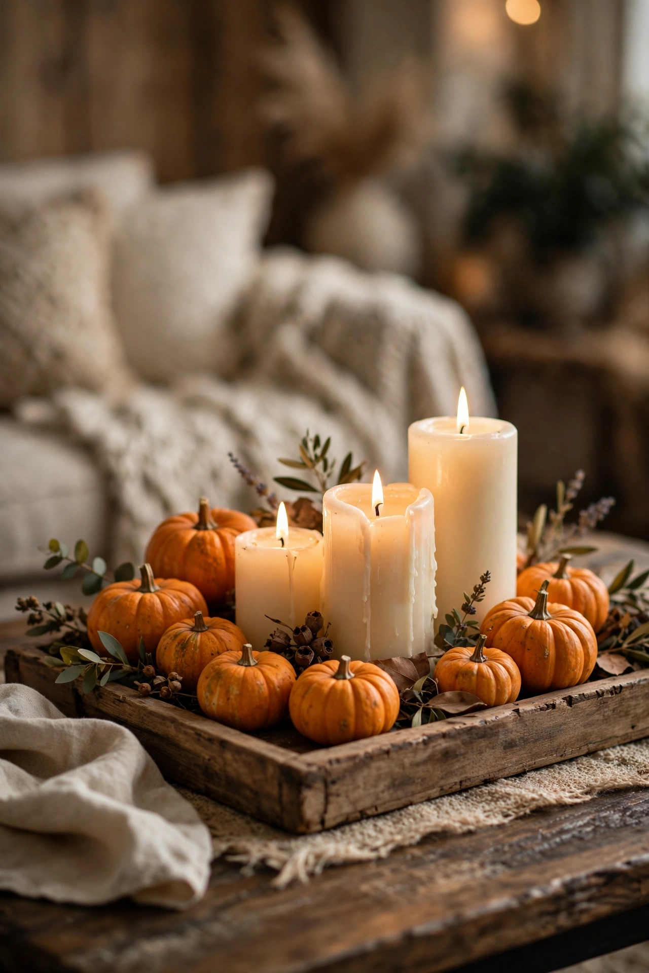 velvet pumpkin trio in rust mustard and sage