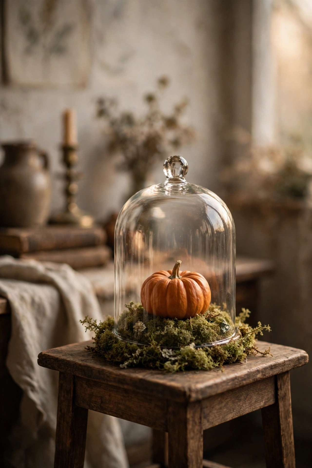 mini pumpkin under a glass cloche decor