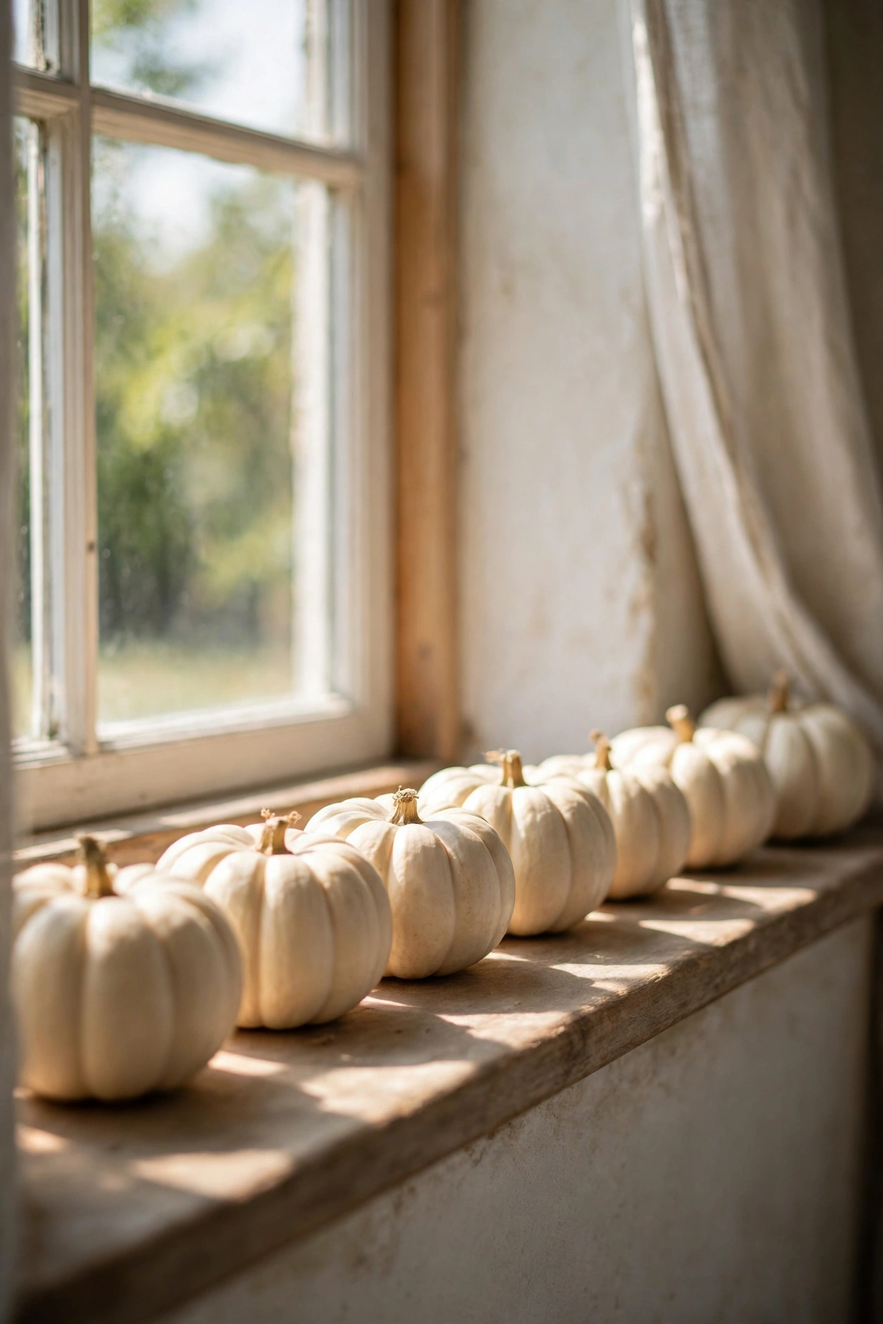 pumpkin shaped pillow on a linen sofa