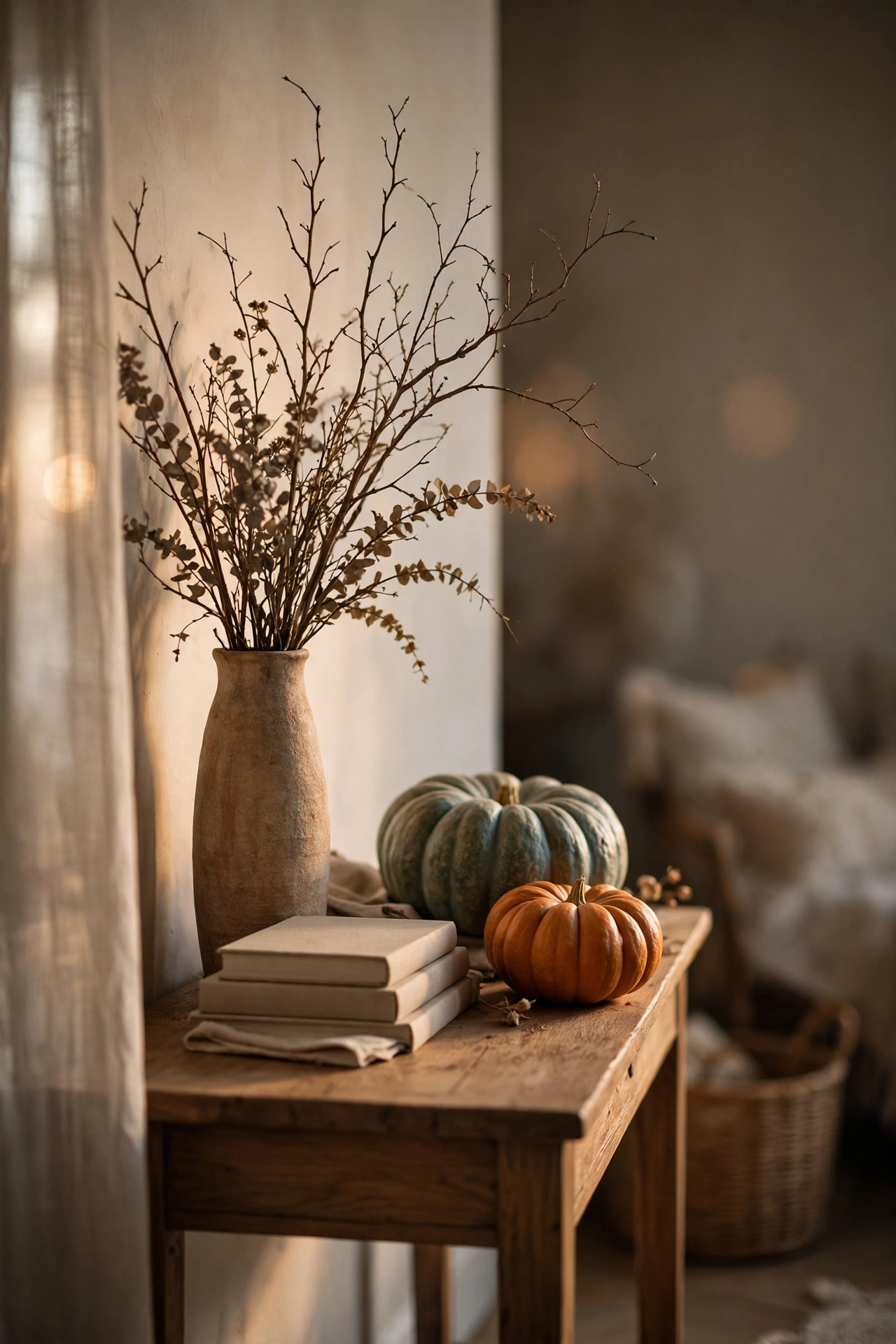 mini pumpkins on a window ledge in sunlight
