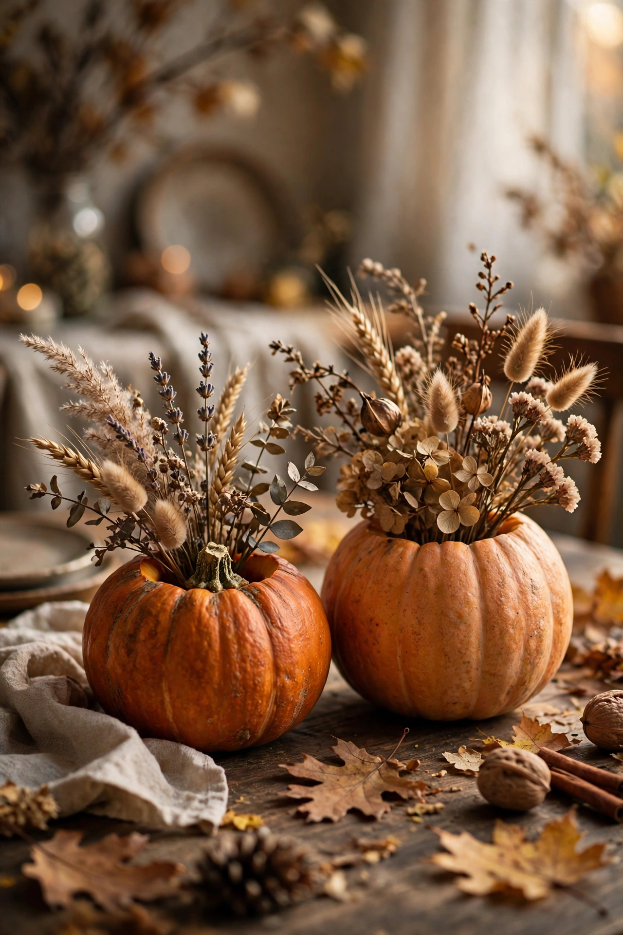 pumpkin vases with dried flowers table decor