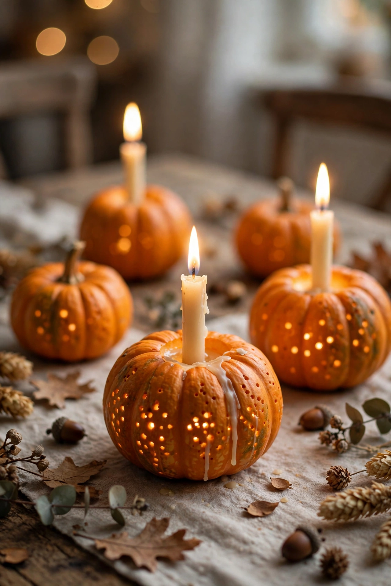 mini pumpkins holding taper candles table decor