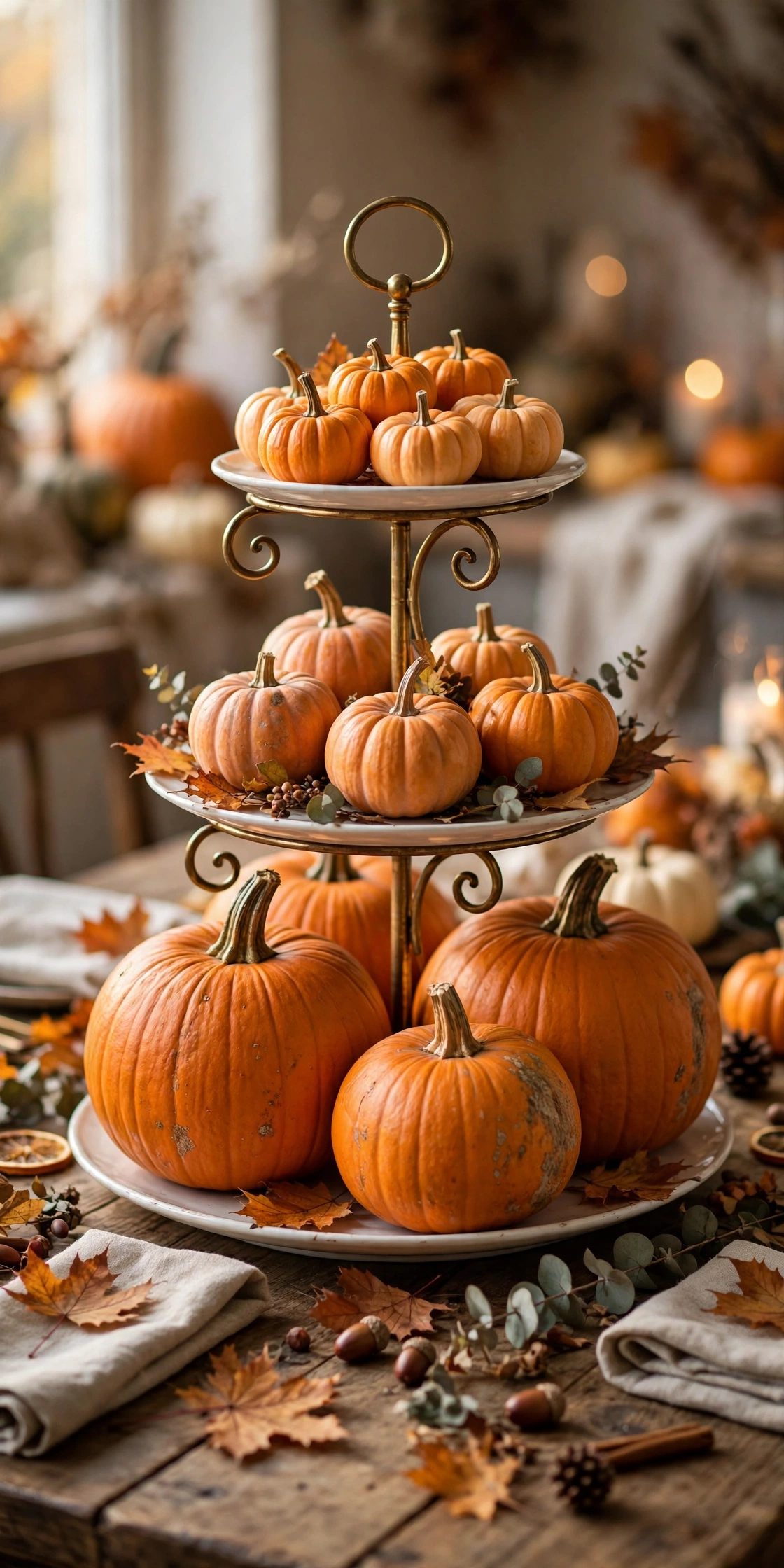 wooden dough bowl filled with pumpkins and gourds