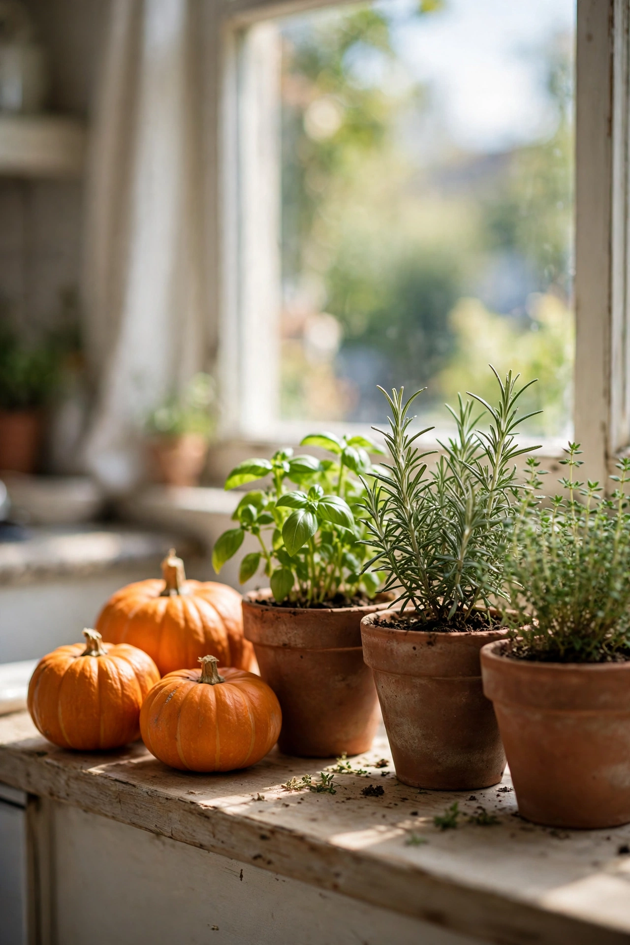 pumpkins on open kitchen shelves with stoneware