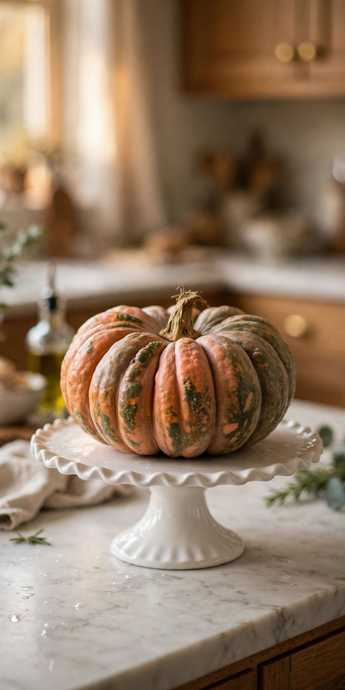 velvet pumpkin on a nightstand beside a lamp