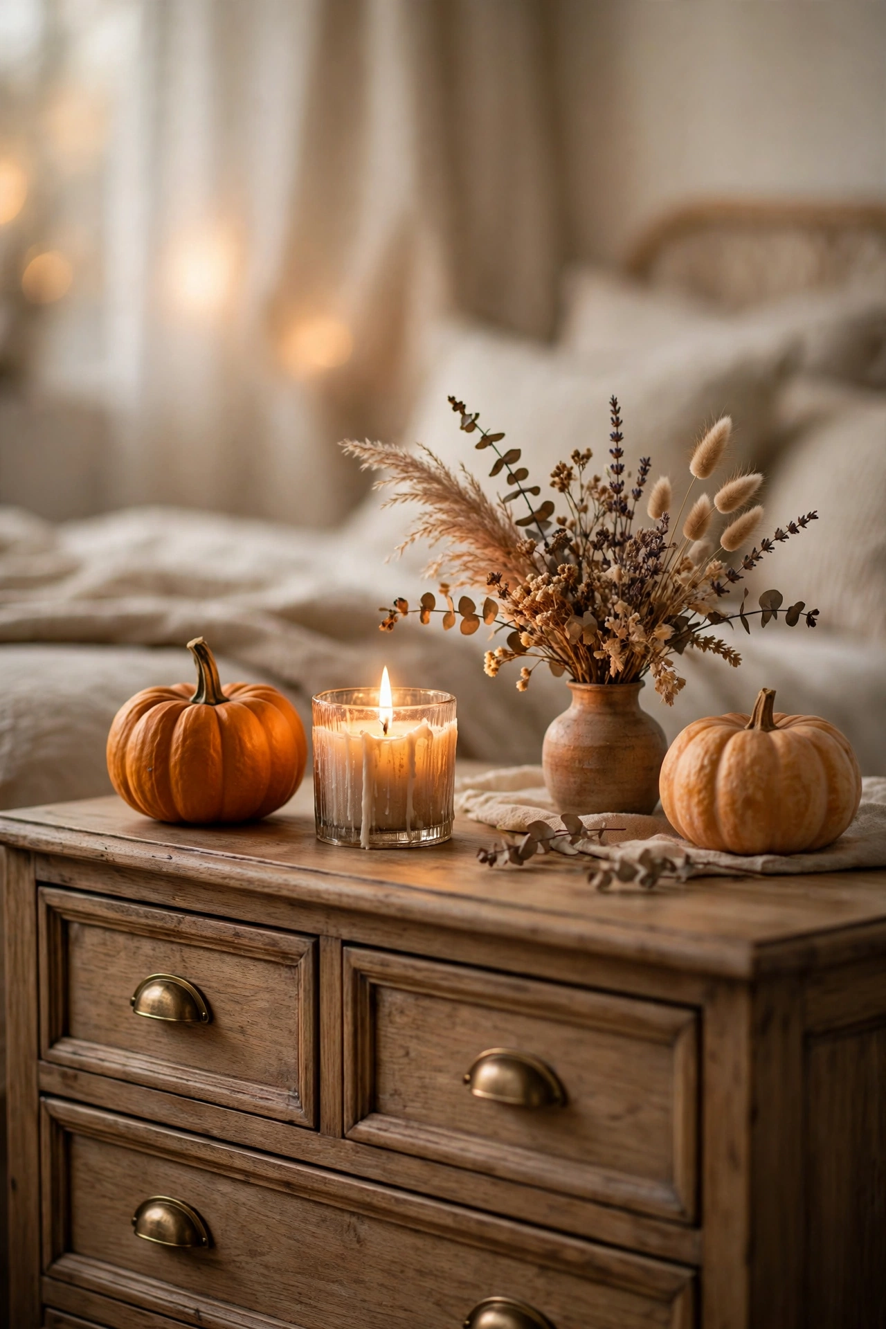 small pumpkins and a candle on a bedroom dresser