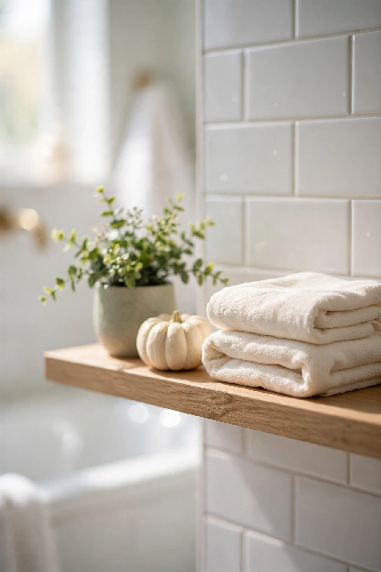 tiny white pumpkin on a bathroom shelf with towels