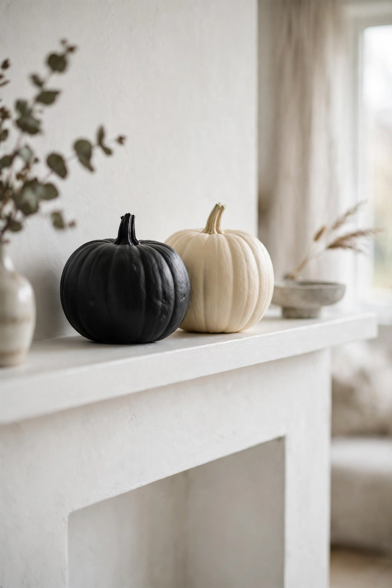 matte black and cream pumpkins on a white mantel