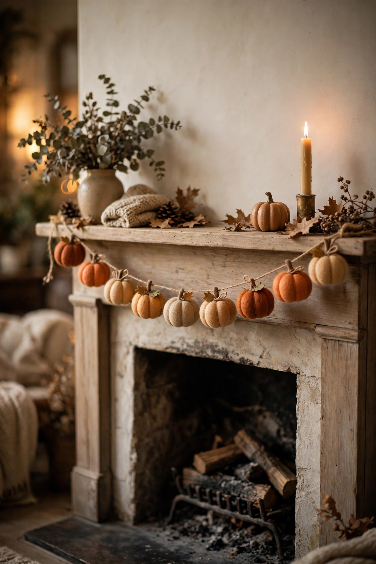 felt pumpkin garland across a mantel cute fall decor