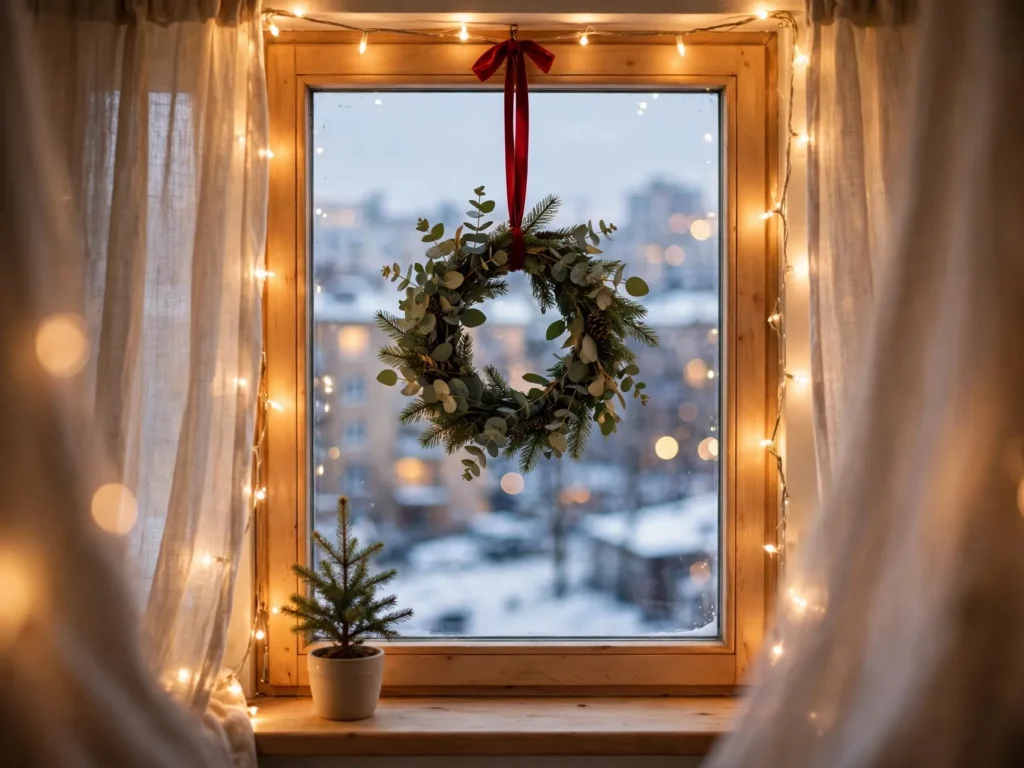simple christmas home decor fairy lights in a window