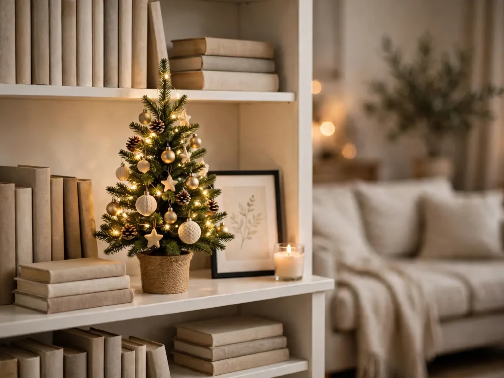 small christmas home decor tabletop tree on a bookshelf