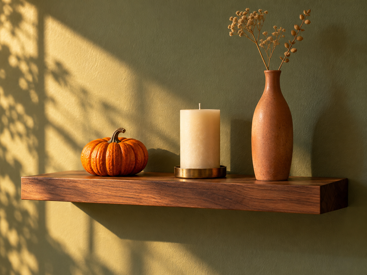 Autumn trio of pumpkins on a sage shelf