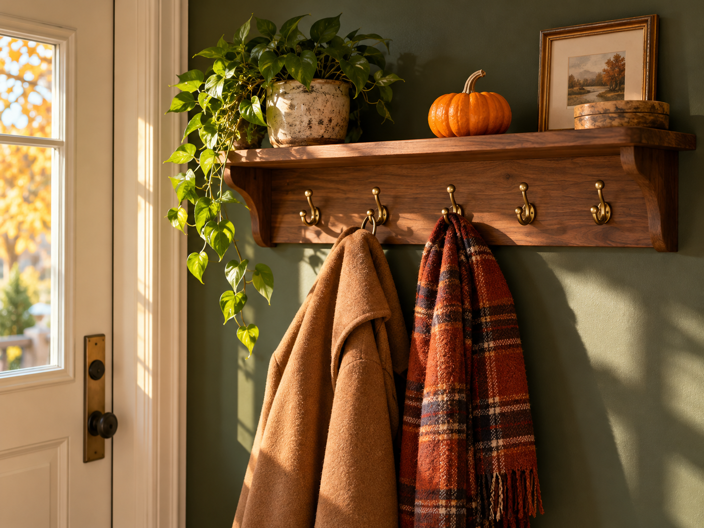 Burnt-orange pumpkin in a cozy entryway