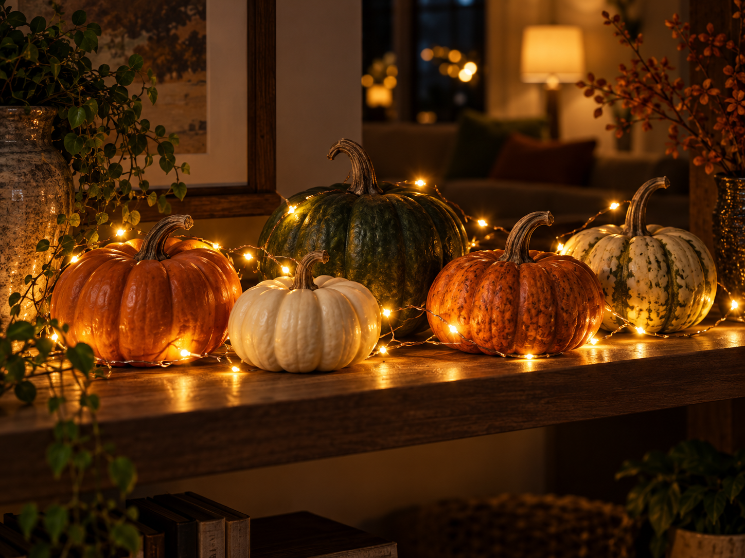 Cozy autumn pumpkins in golden light