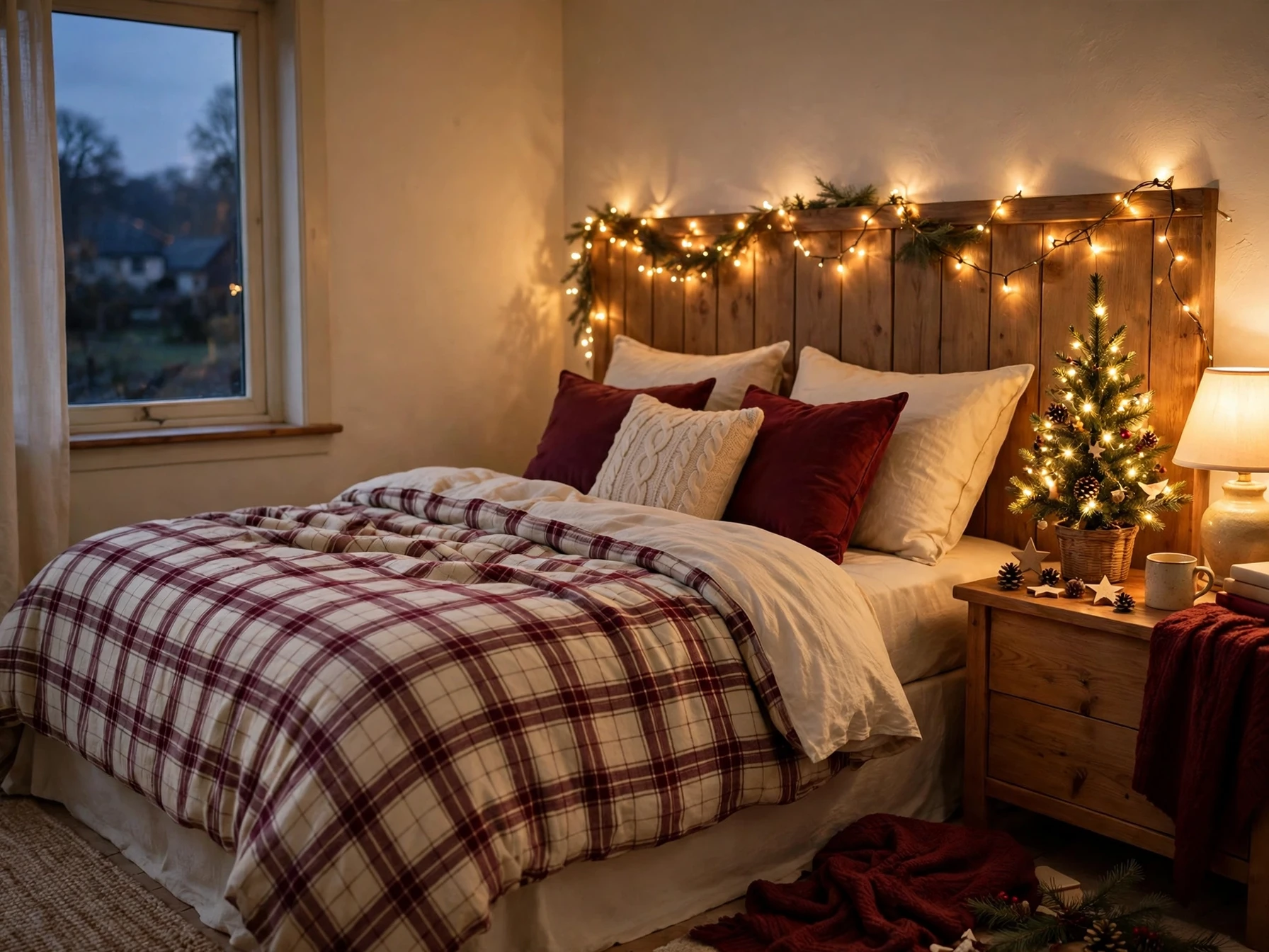 cozy christmas bedroom decor with plaid bedding fairy lights and a mini tree on the nightstand