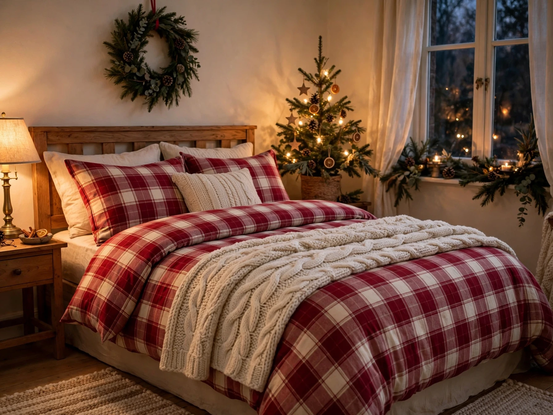 cozy christmas bedroom with red and cream plaid bedding and a knit throw