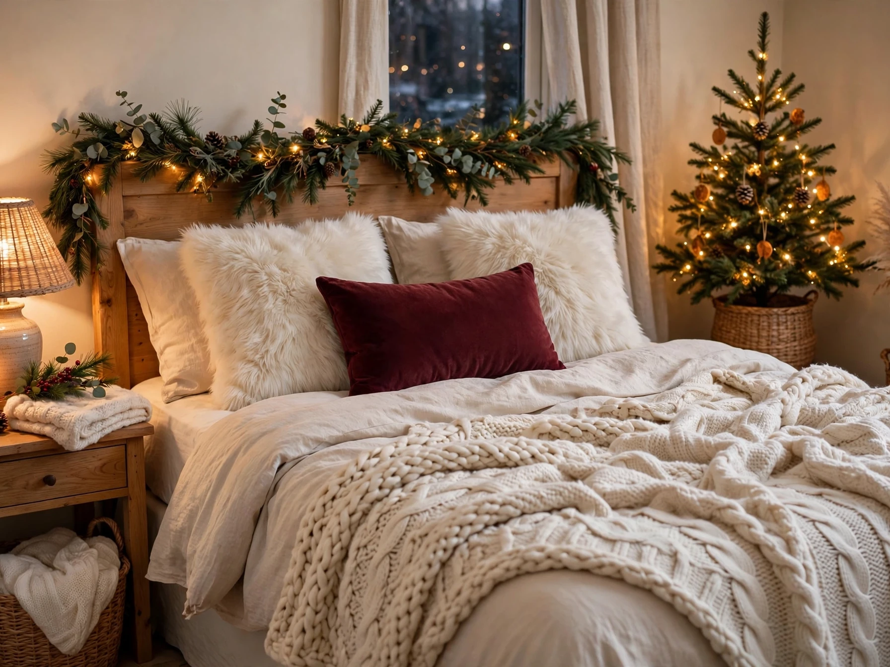 bed layered with a chunky knit throw and faux fur cushions in a cozy christmas bedroom