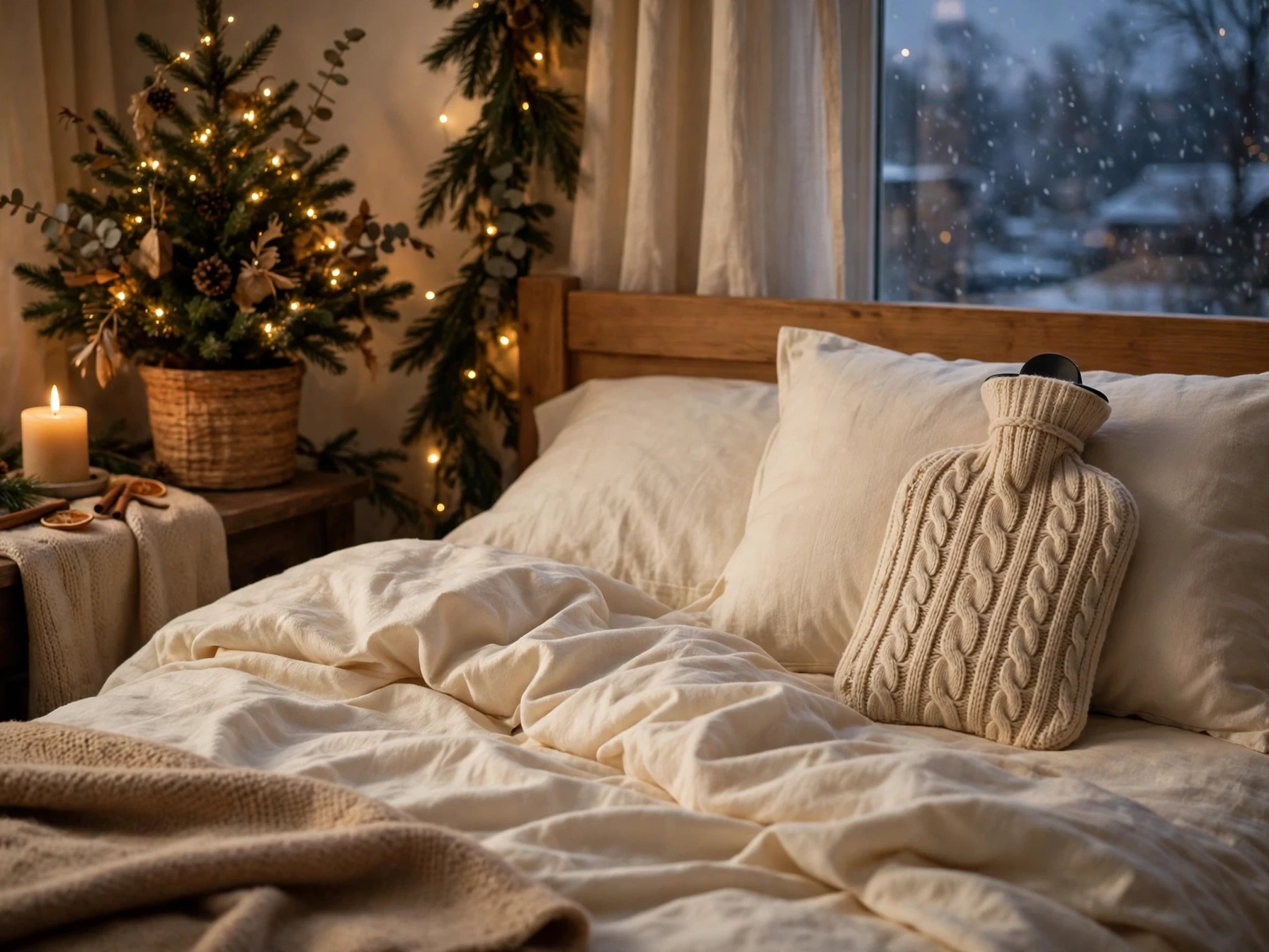 cozy bed with cream flannel sheets and a hot water bottle in a knit cover