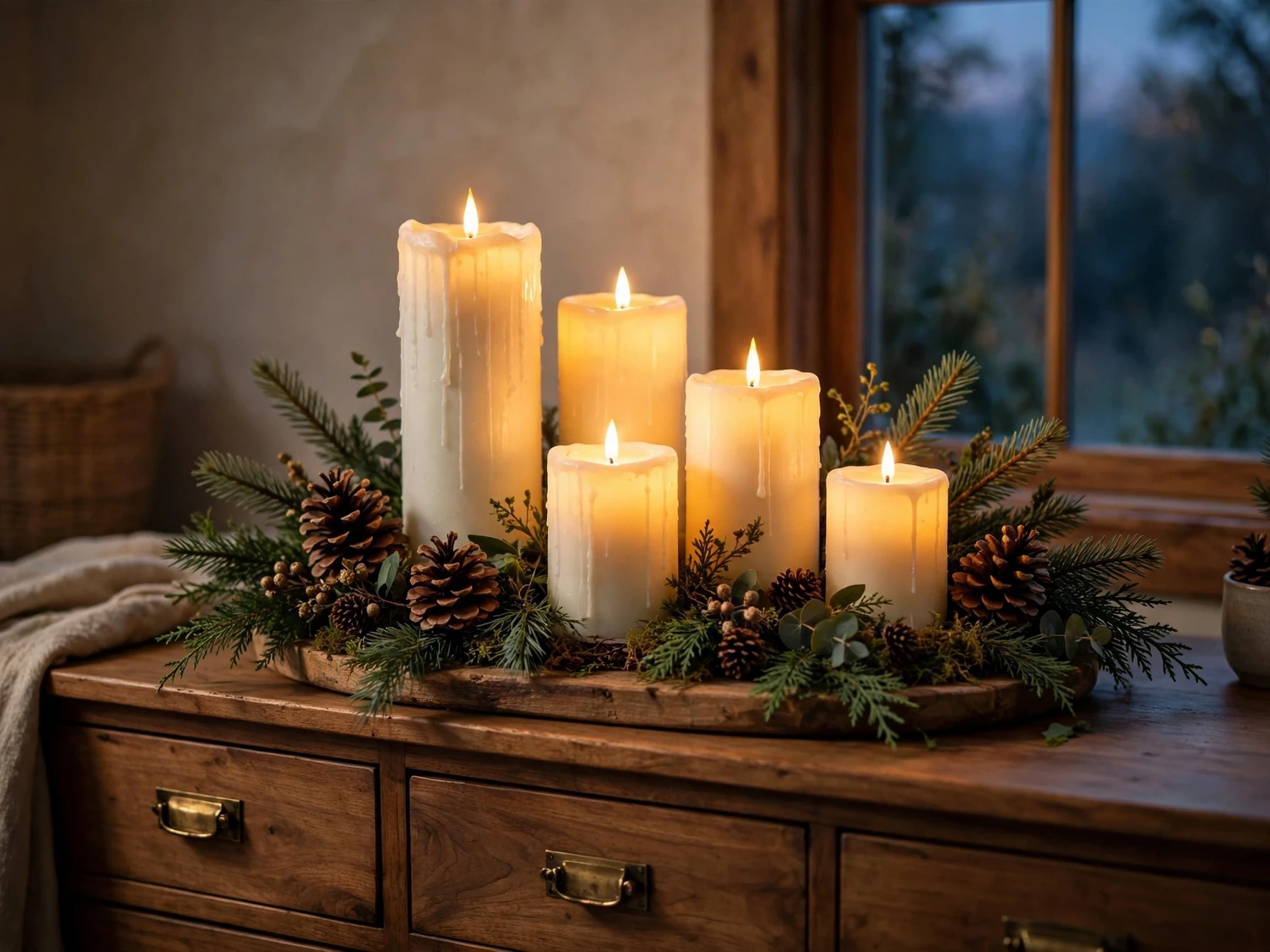 cluster of LED candles with evergreen sprigs on a bedroom dresser at dusk