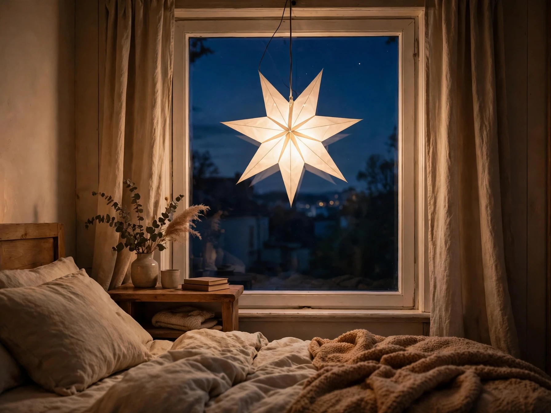 glowing paper star light hanging in a bedroom window at night
