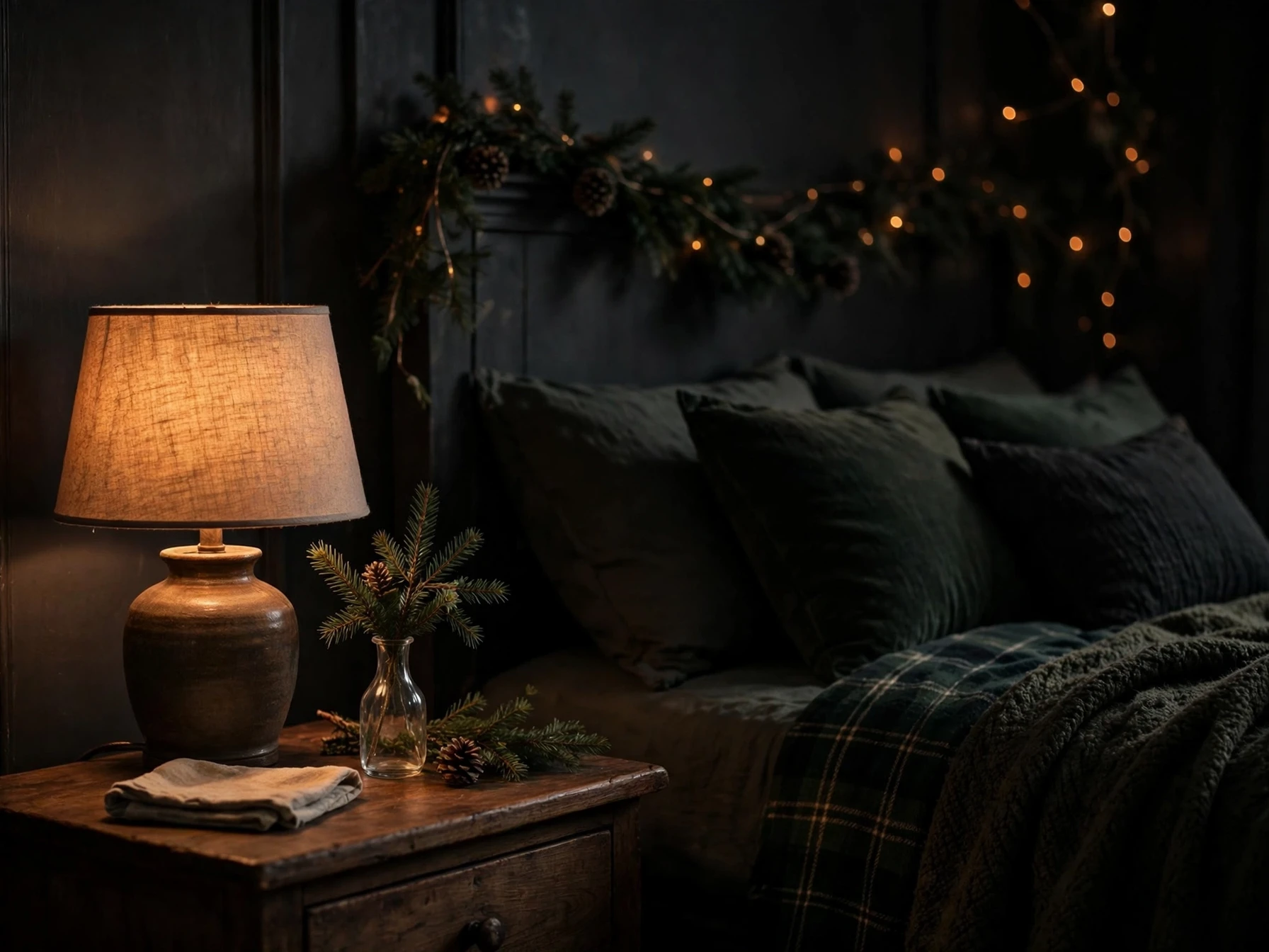 bedside lamp with a warm low glow and a sprig of evergreen on a nightstand