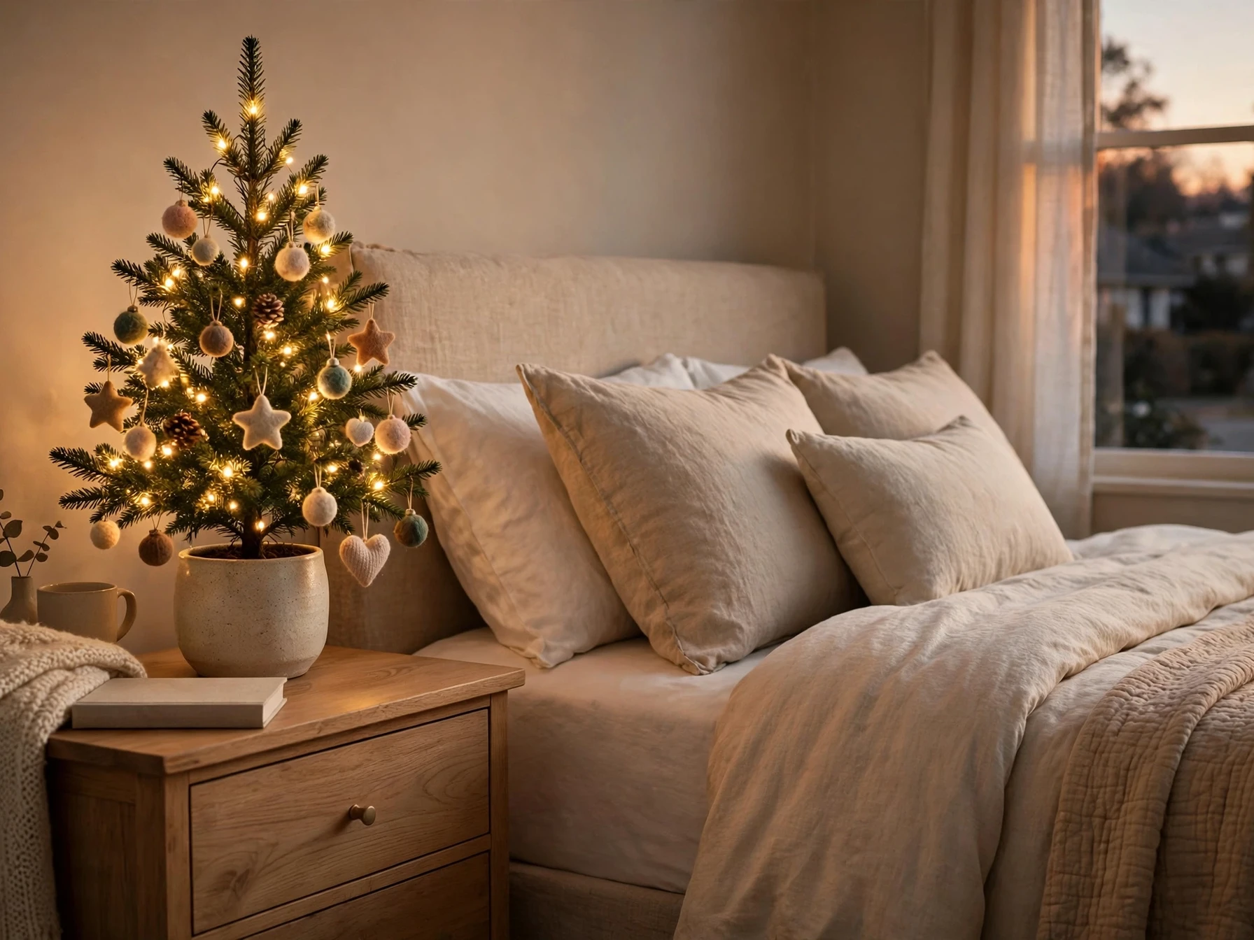mini christmas tree with warm lights on a bedroom nightstand