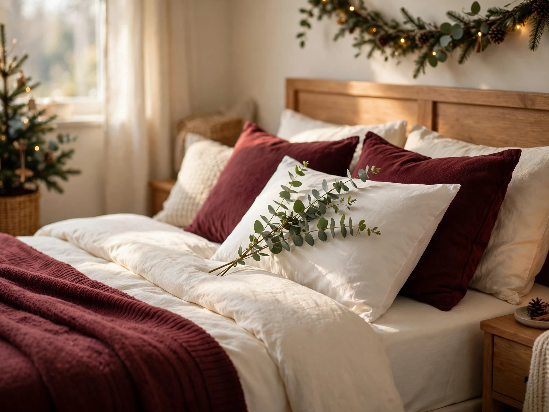 fresh eucalyptus sprig laid across a pillow on a made christmas bed
