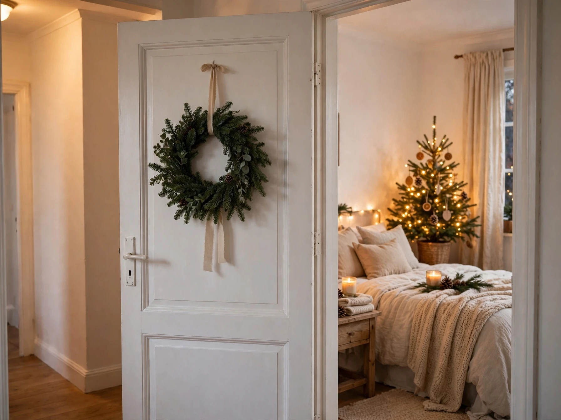 small evergreen wreath with a slim ribbon hanging on a bedroom door