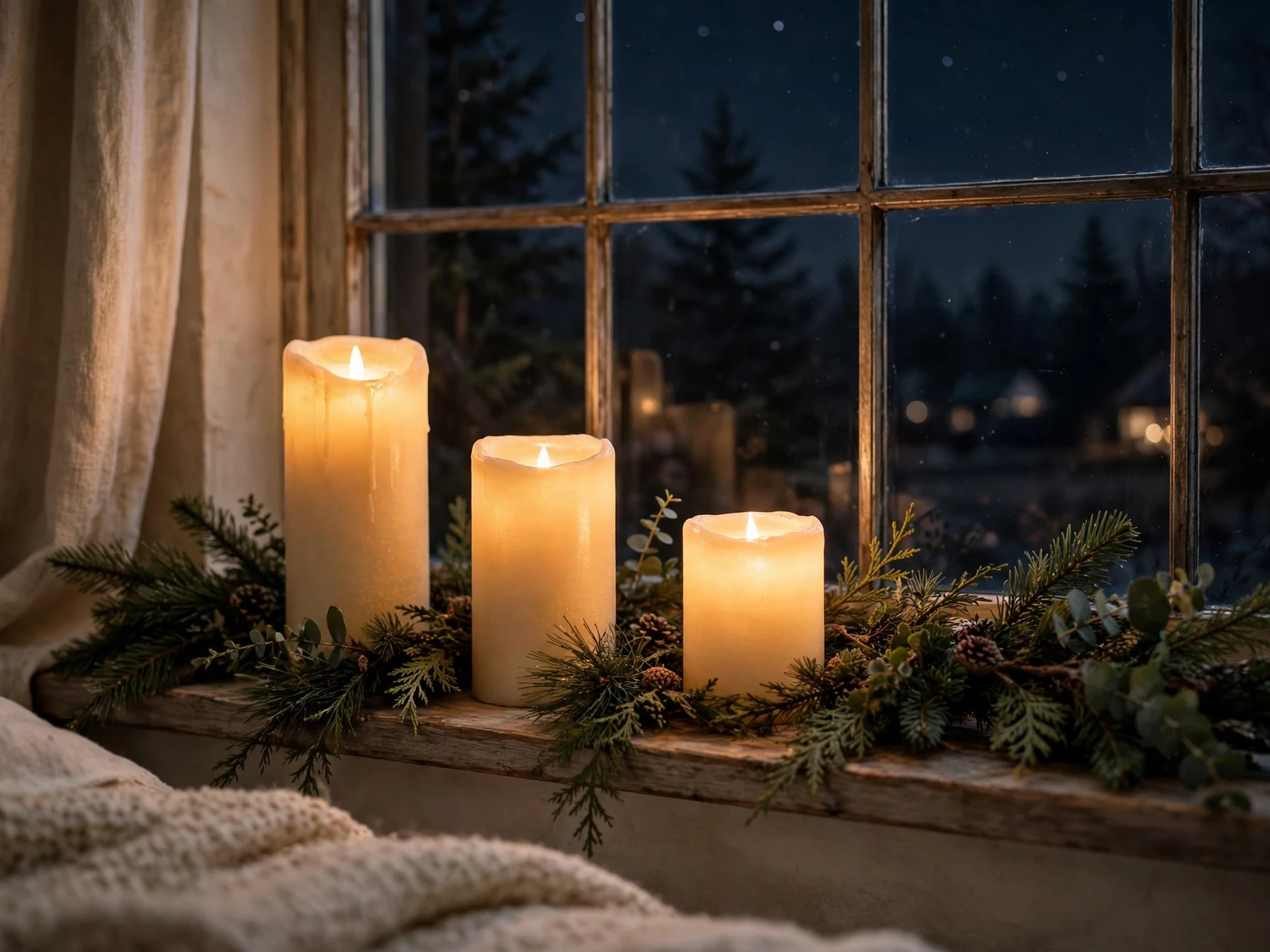 battery candles glowing on a bedroom windowsill with a low evergreen garland