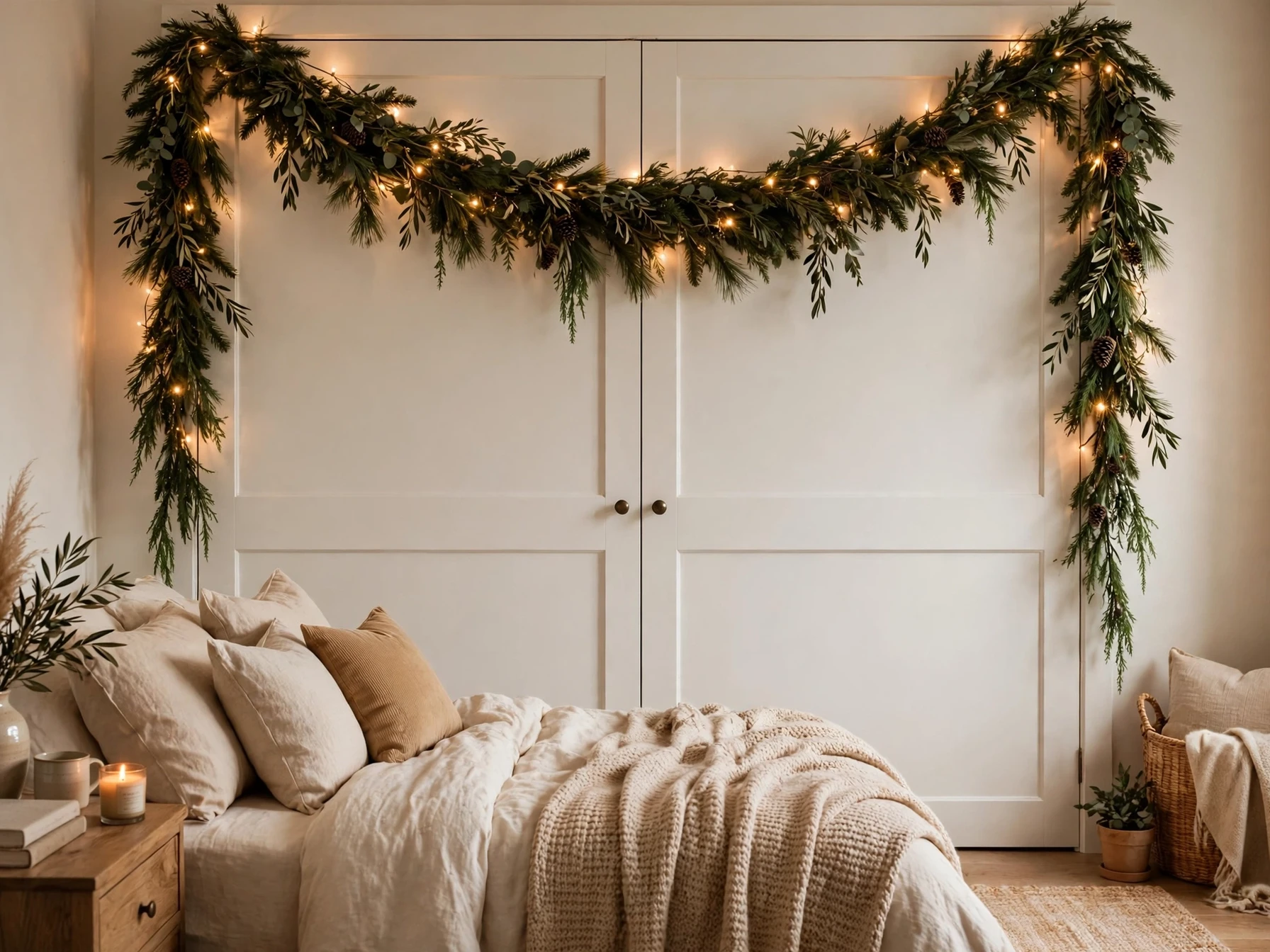 evergreen garland swag with fairy lights draped over bedroom closet doors