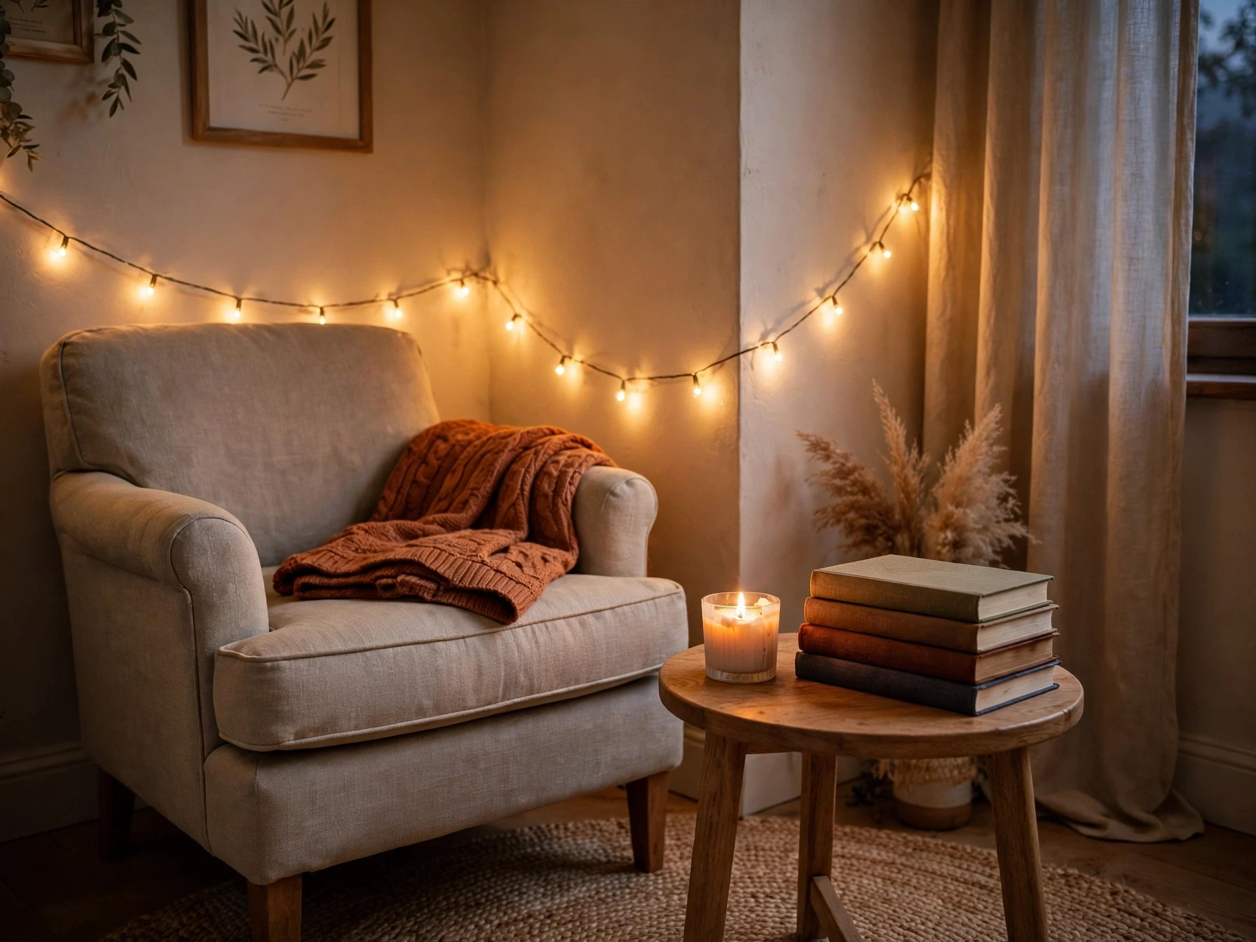 cozy christmas reading nook in a bedroom corner with a throw candle and books