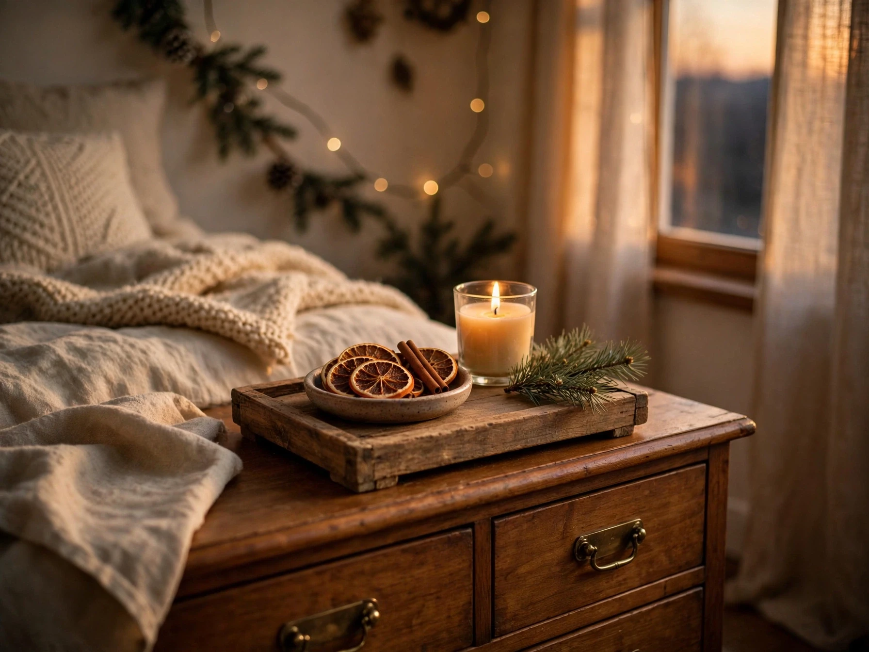 winter scent station on a dresser with a candle dried oranges and cinnamon sticks
