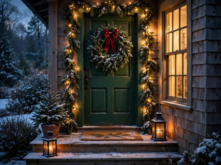 christmas entryway decor with evergreen wreath garland and lanterns on a snowy front porch at dusk