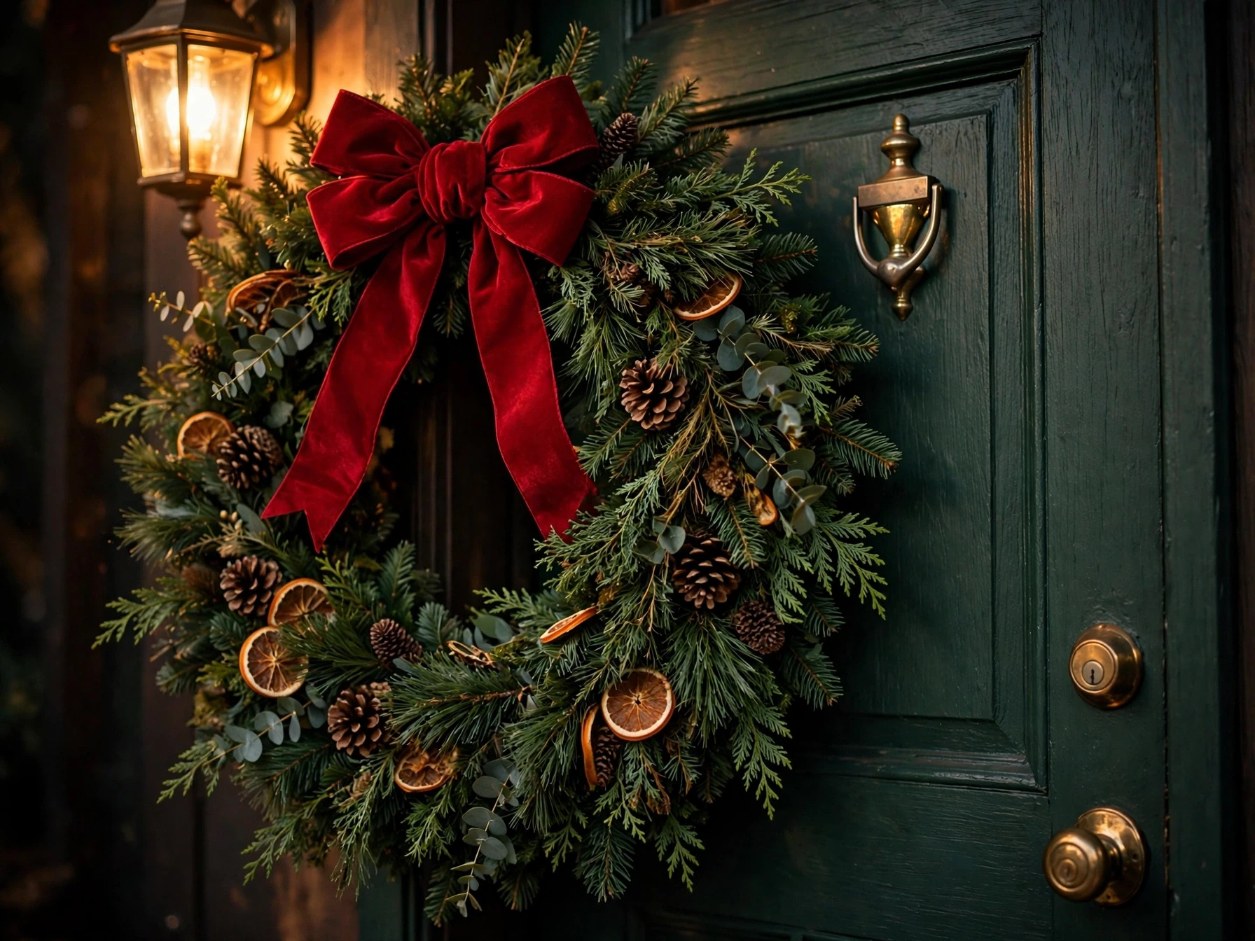oversized evergreen christmas wreath with red velvet bow on a green front door