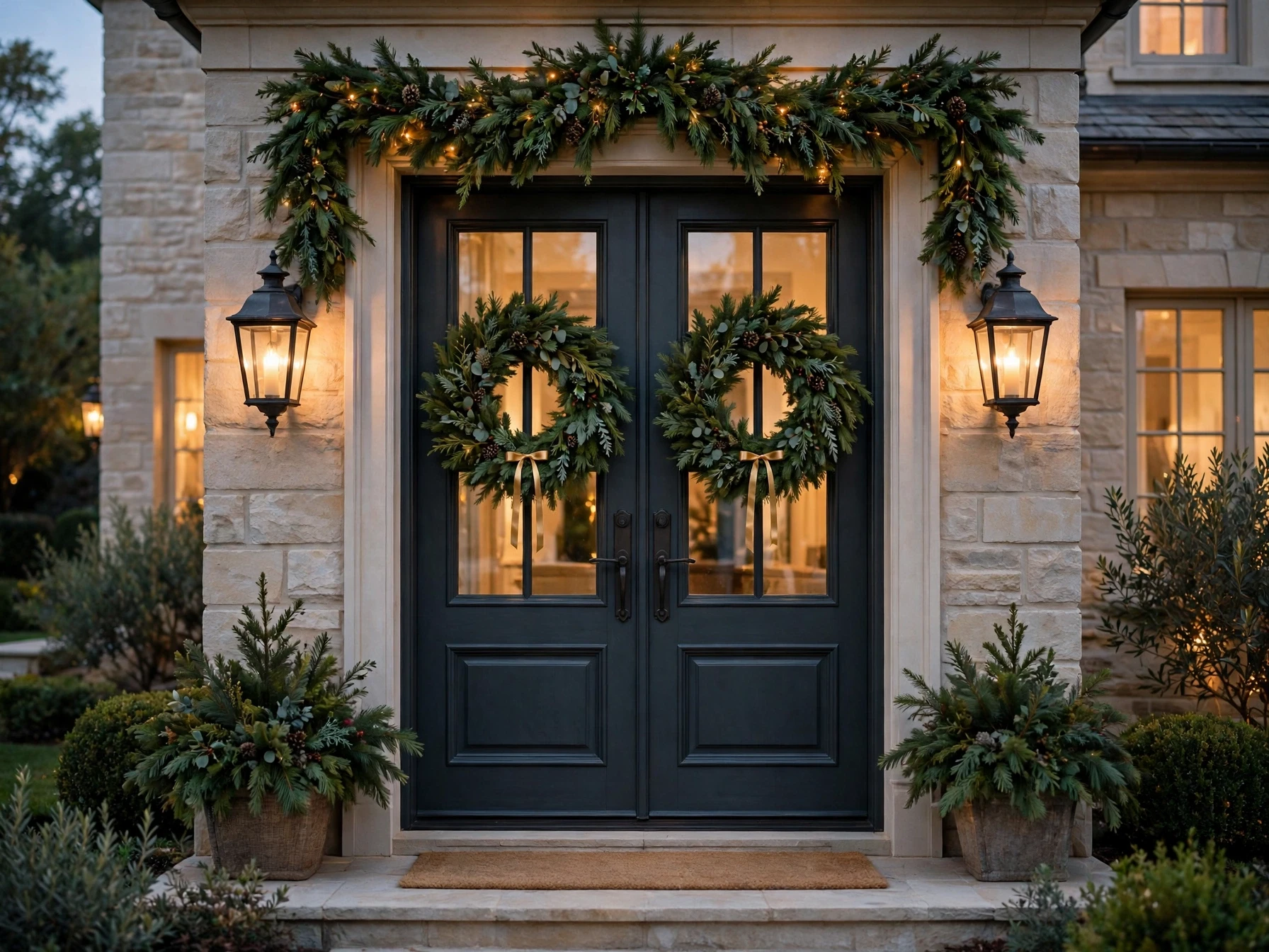 double front doors with matching evergreen christmas wreaths and lanterns