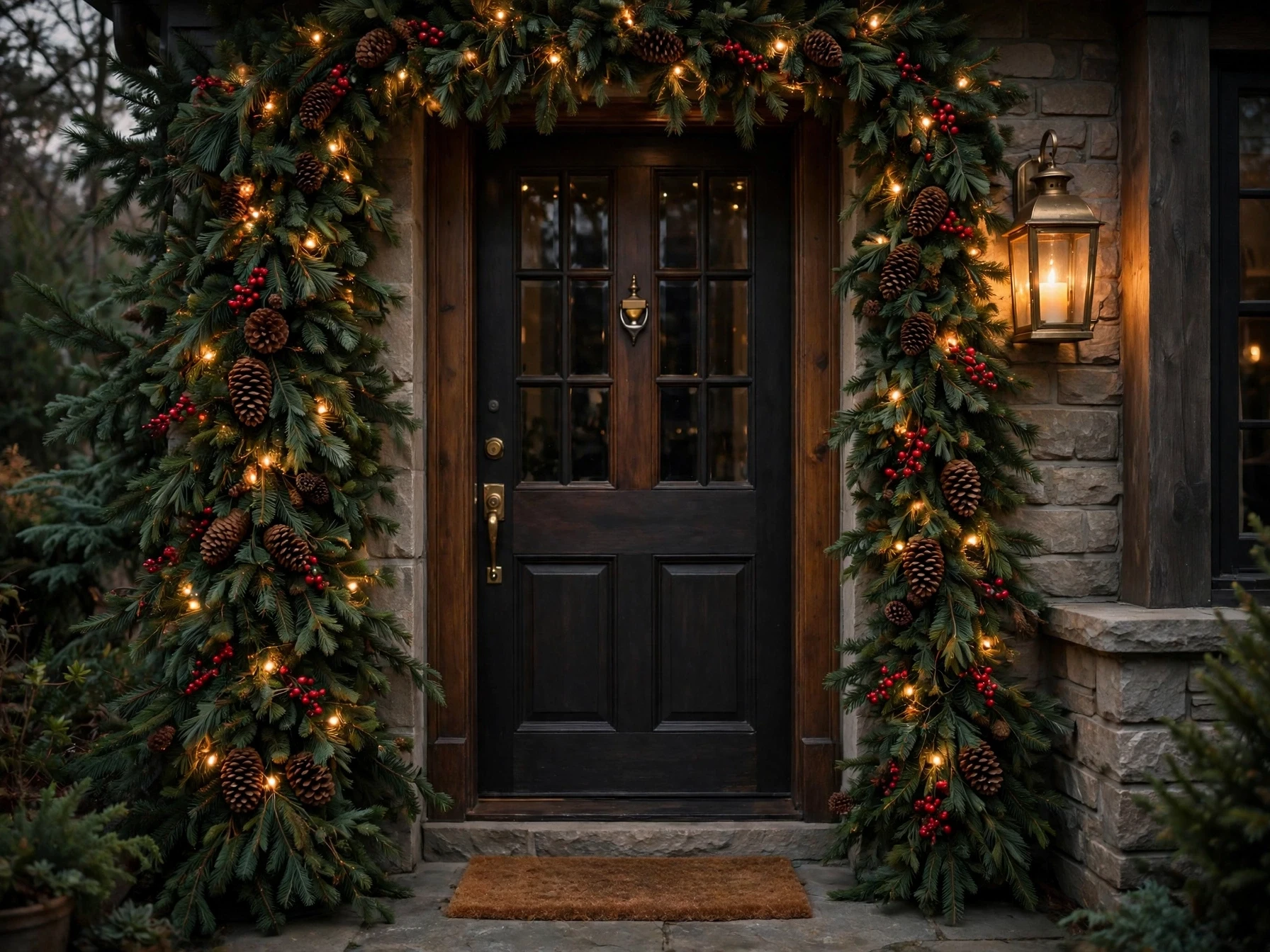 front door framed by evergreen garland with fairy lights and pinecones