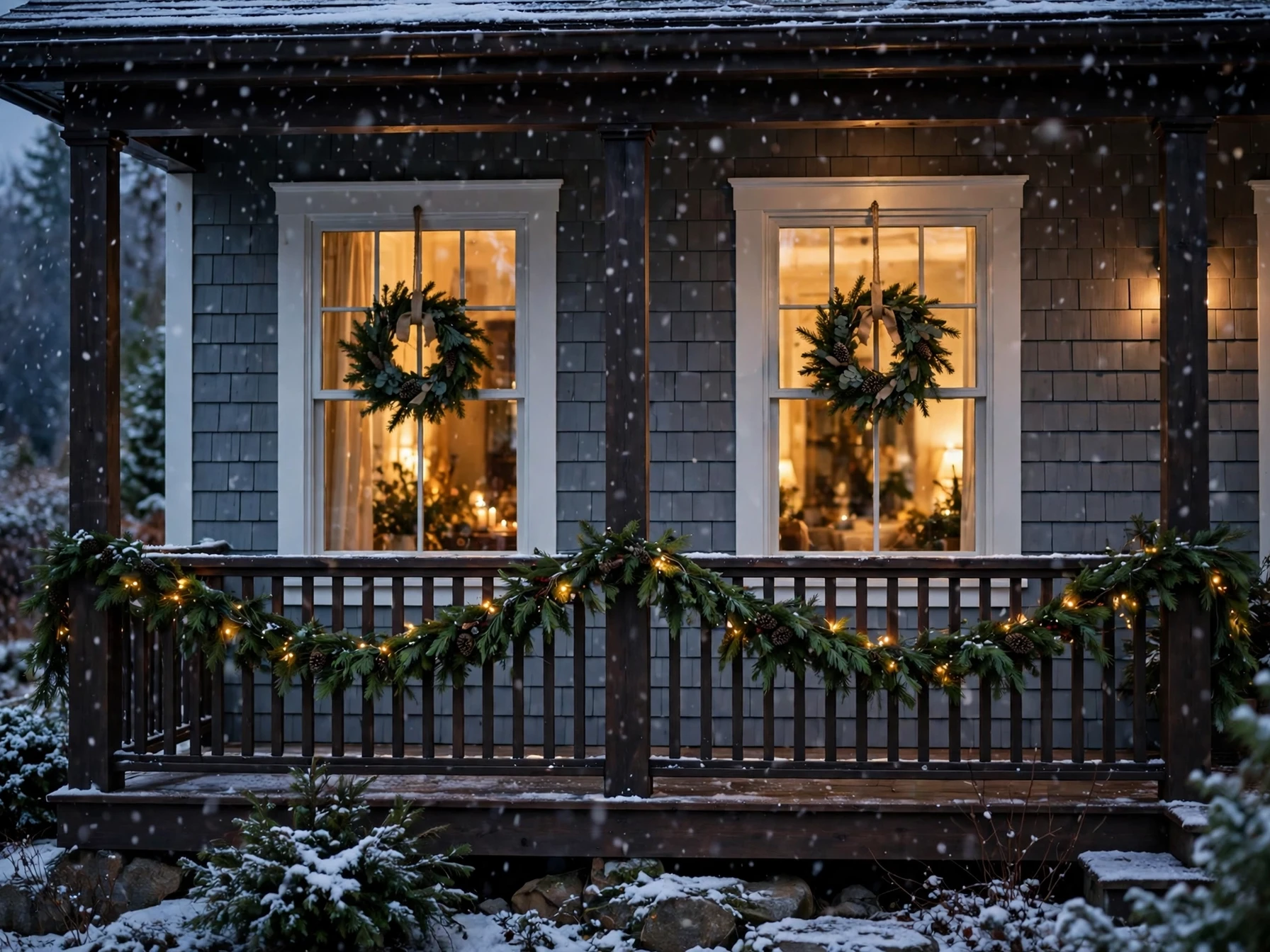 christmas wreaths hanging on front windows of a snowy house at dusk