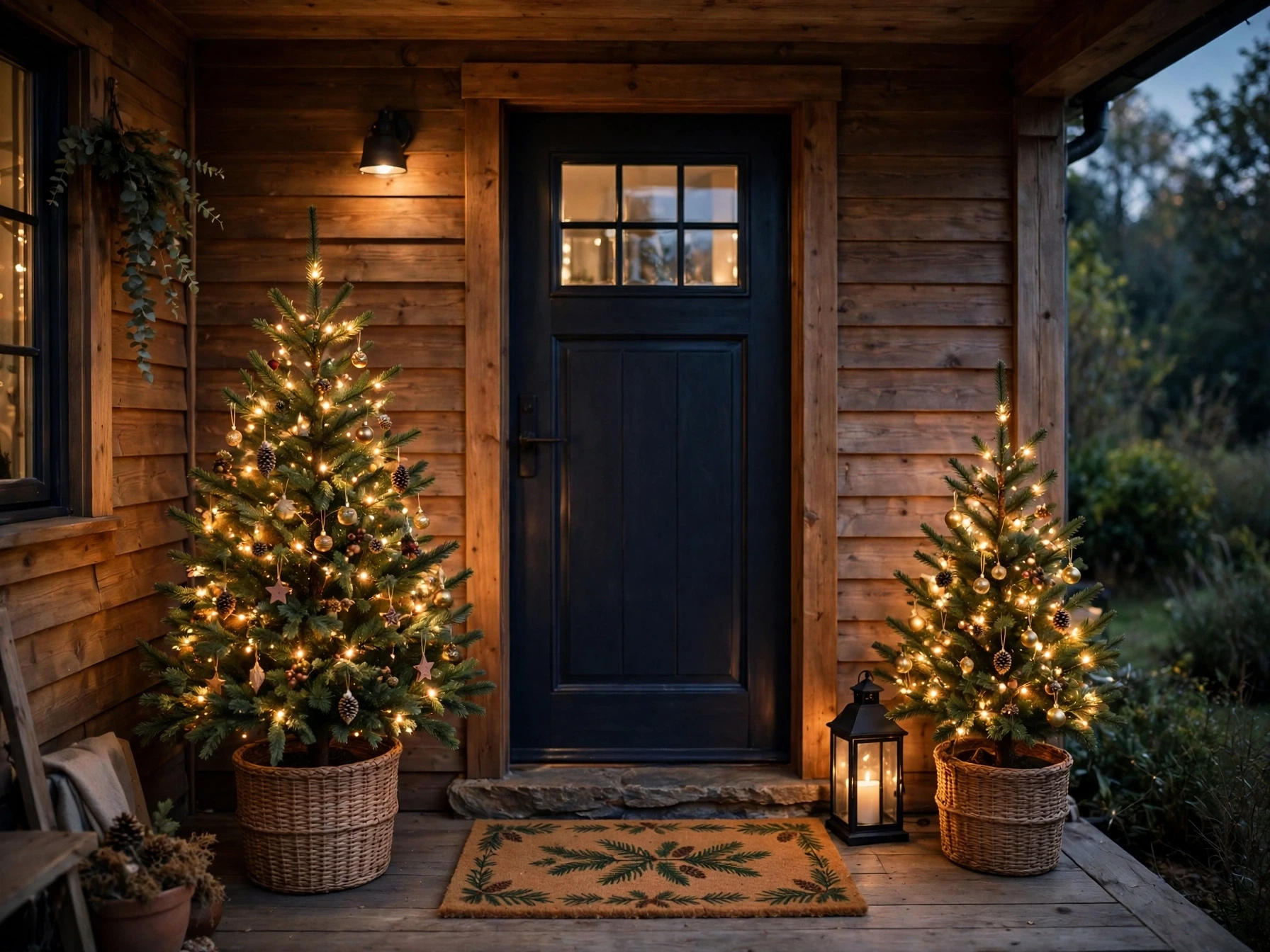 twin potted evergreen trees with fairy lights flanking a front door