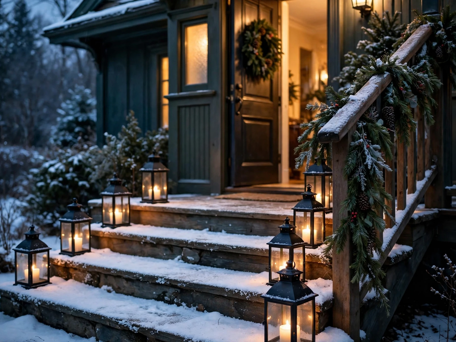 porch steps lined with glowing lanterns and evergreen garland in snow