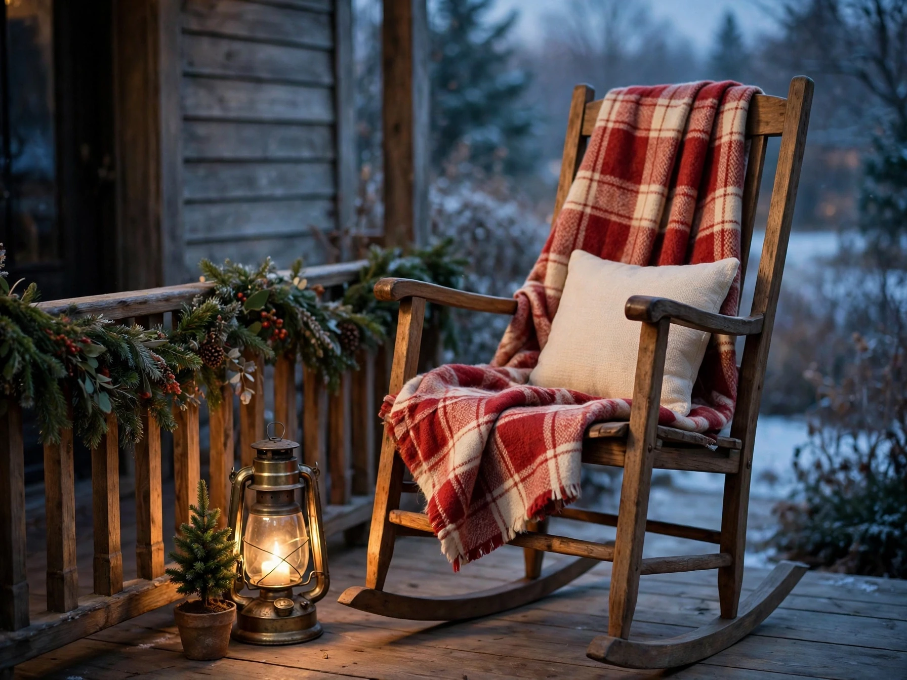 wooden rocking chair with red plaid blanket on a christmas porch