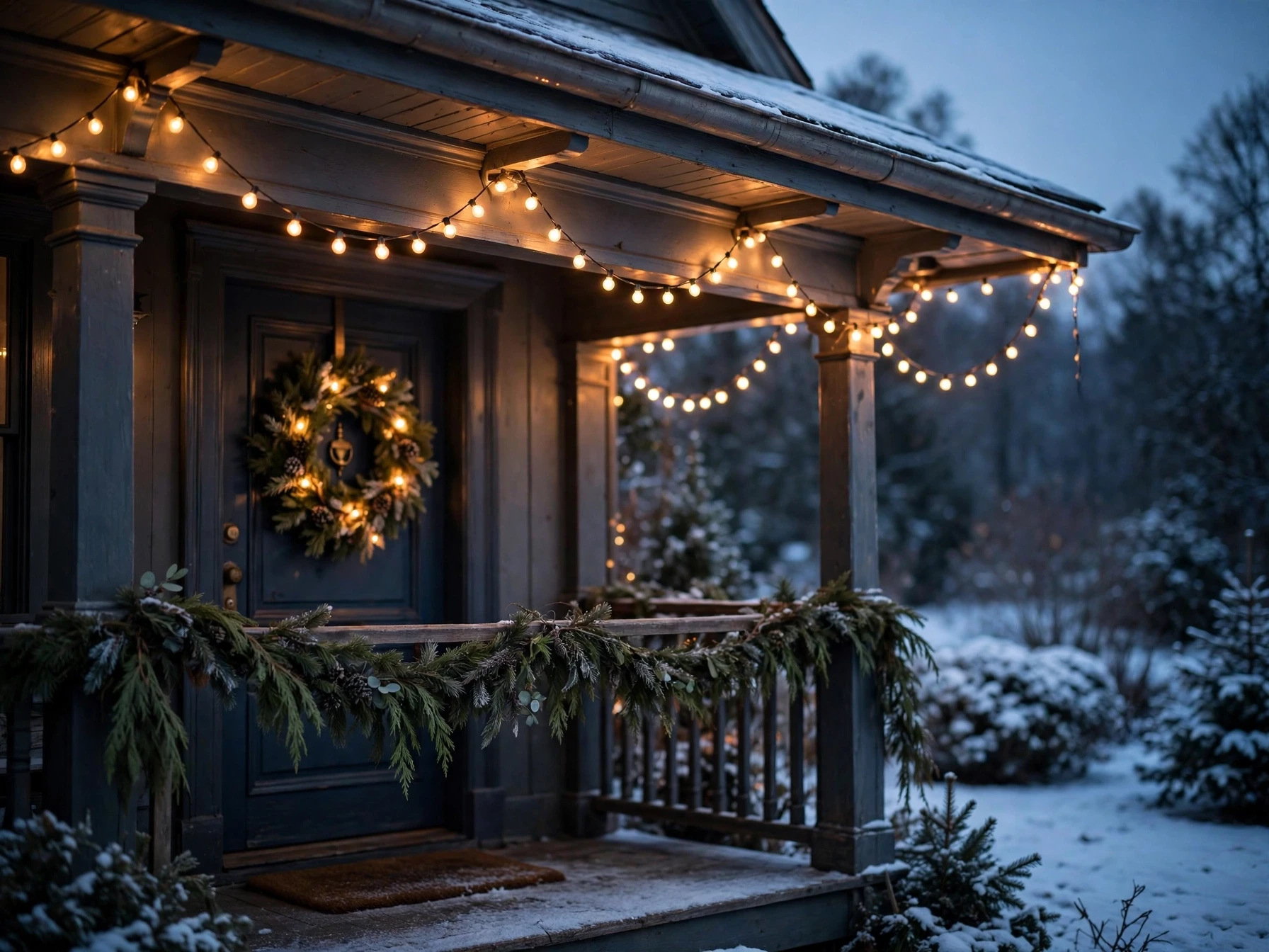 warm outdoor string lights glowing under porch eaves at dusk