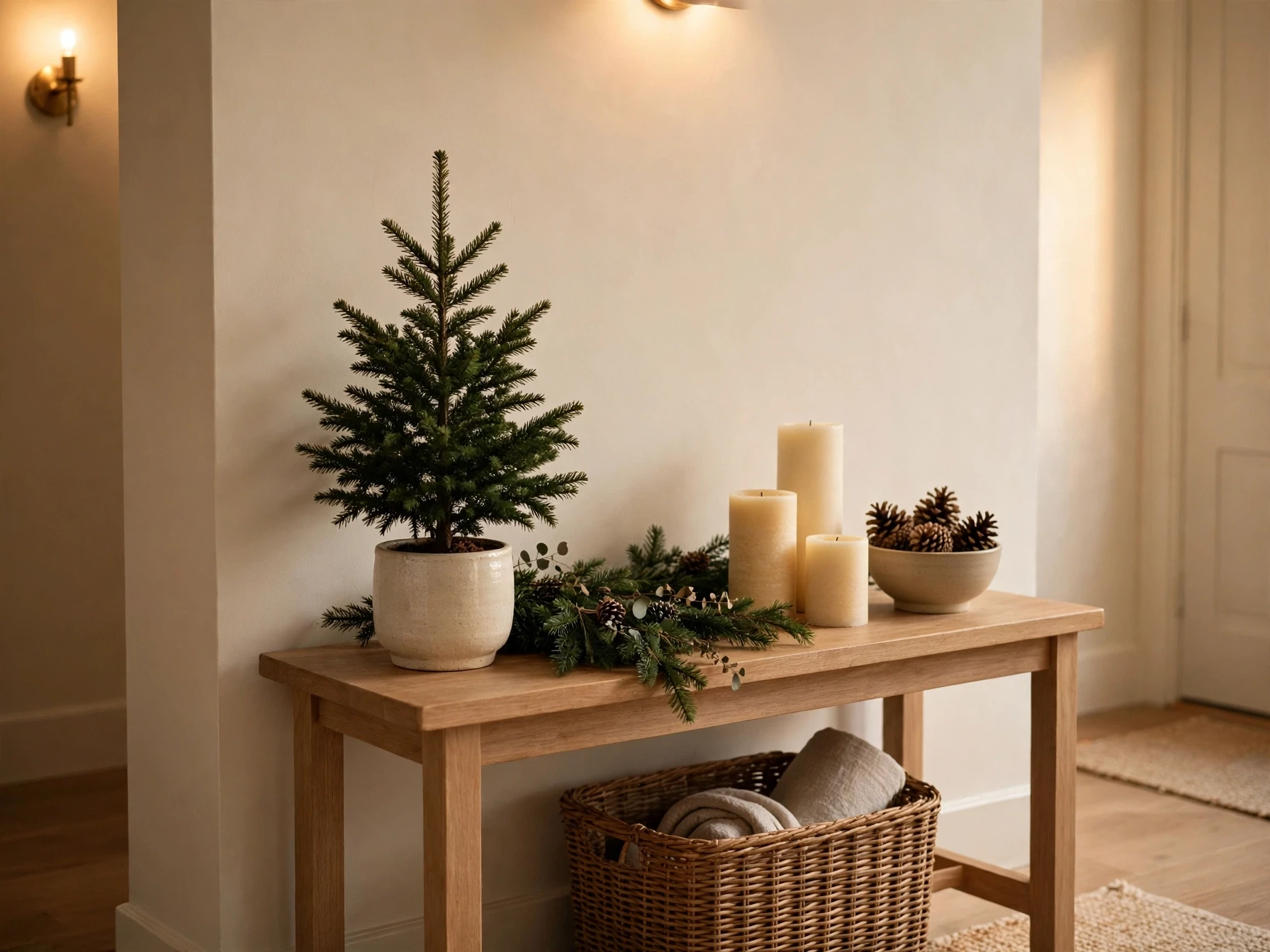 entryway console table with mini christmas tree candles and pinecones