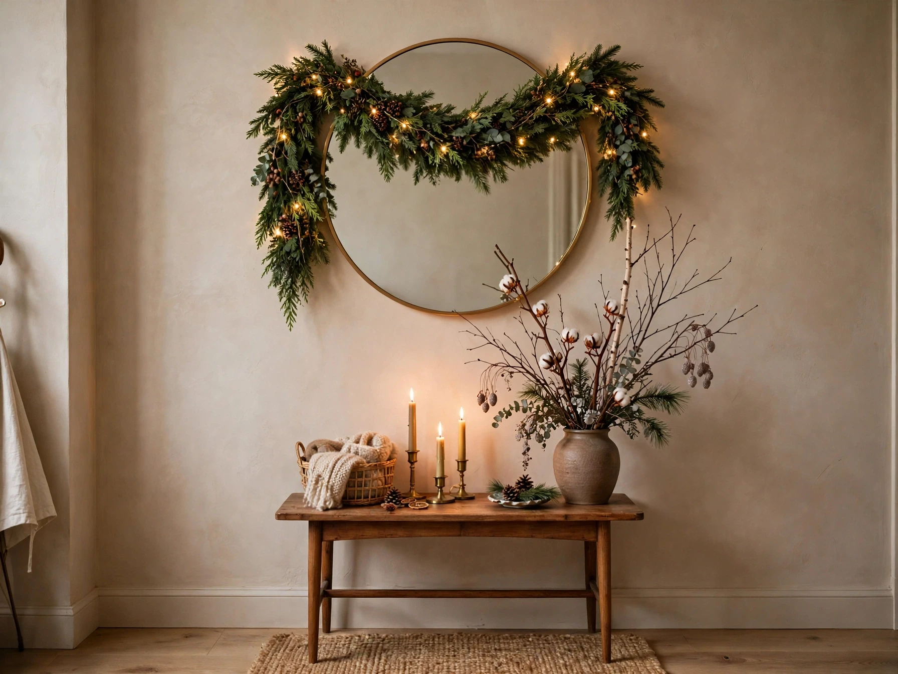 round mirror with evergreen garland swag above an entryway console