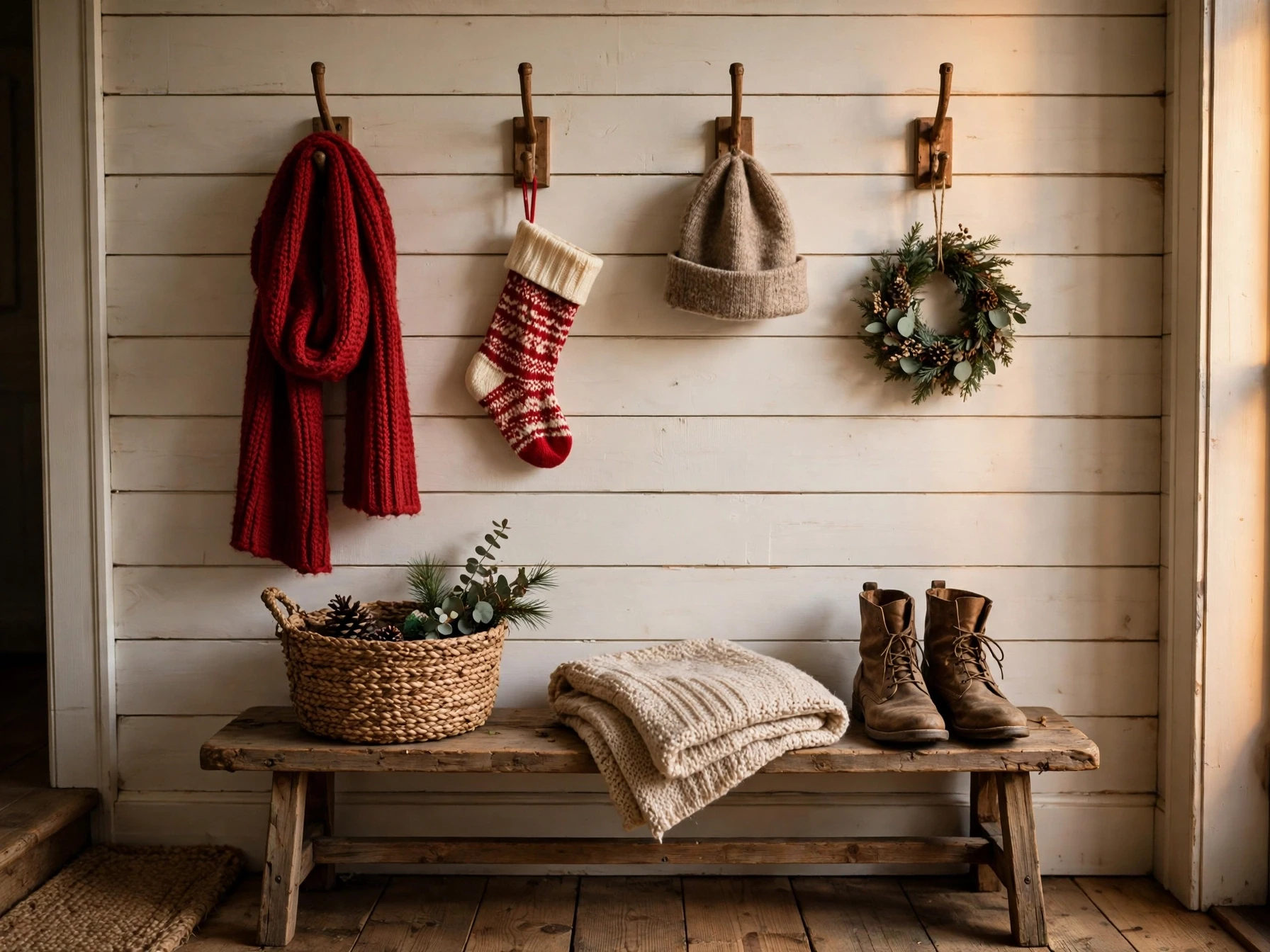 entryway coat hooks with red scarf christmas stocking hat and mini wreath