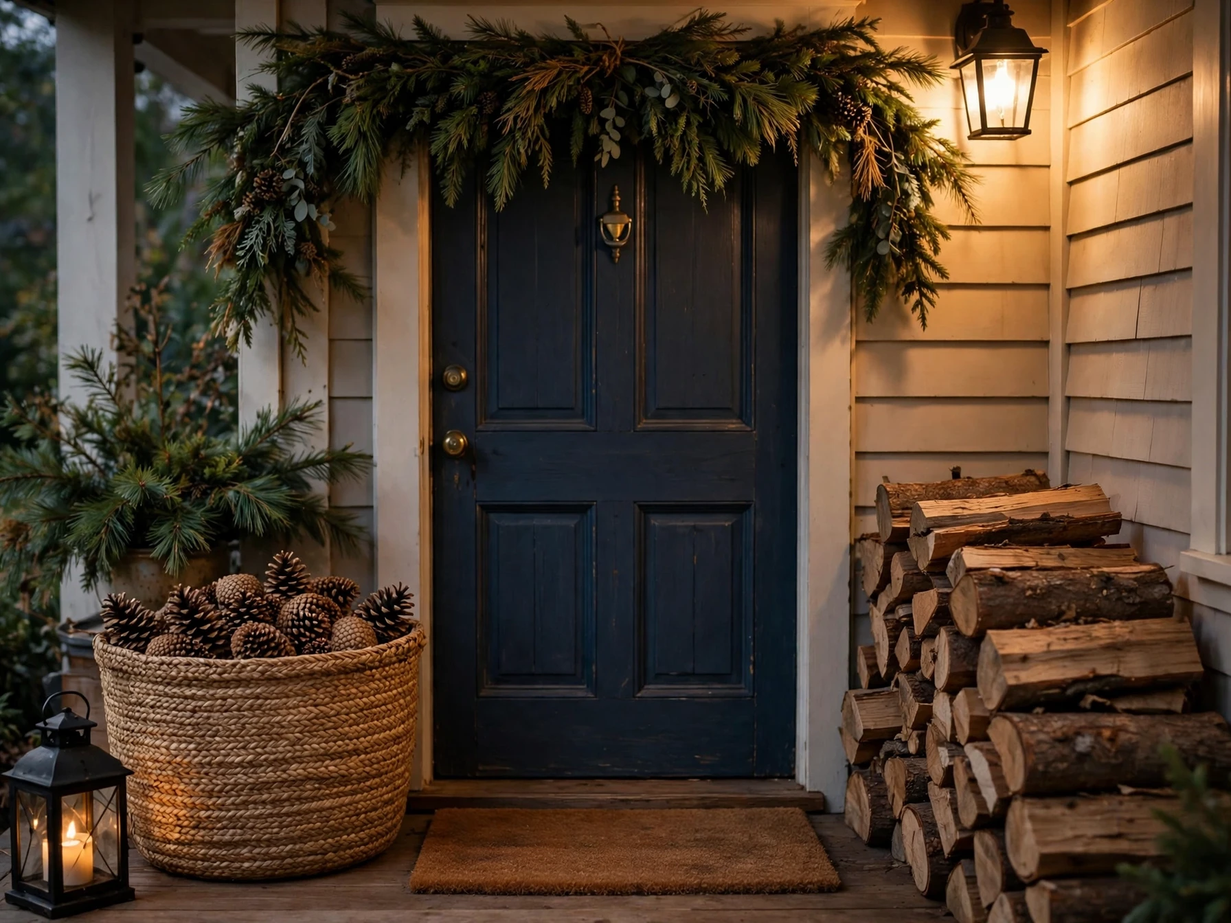 basket of pinecones and stacked firewood beside a christmas front door